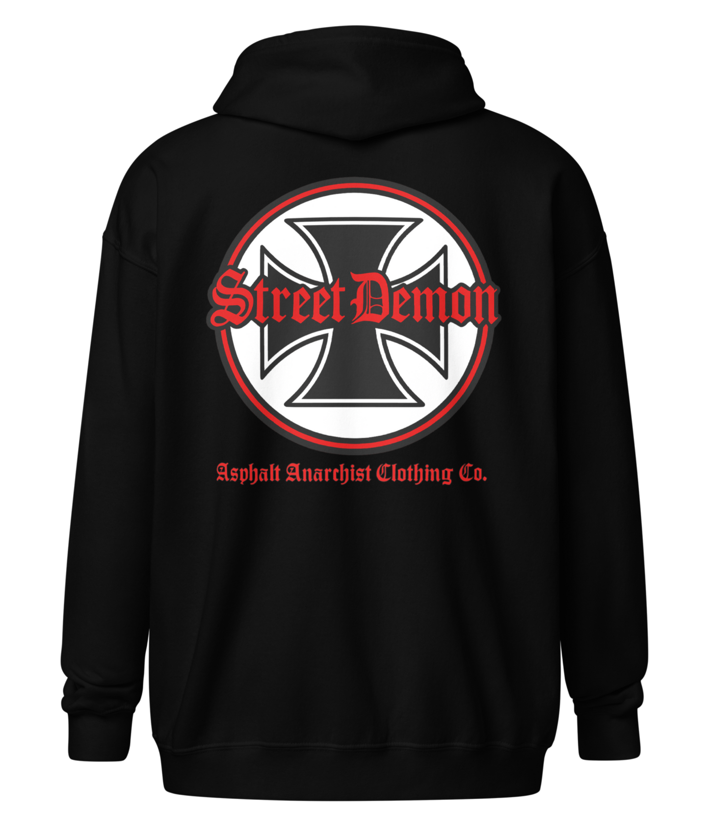 
                  
                    Back View. Street Demon Heavy Zipper Black Hoodie with bold Old English typography layered over a classic iron cross emblem. The design channels raw hot rod energy and outlaw attitude, printed on rugged fleece with a durable metal zipper for a rebellious finish. This image was generated by AI 

                  
                
