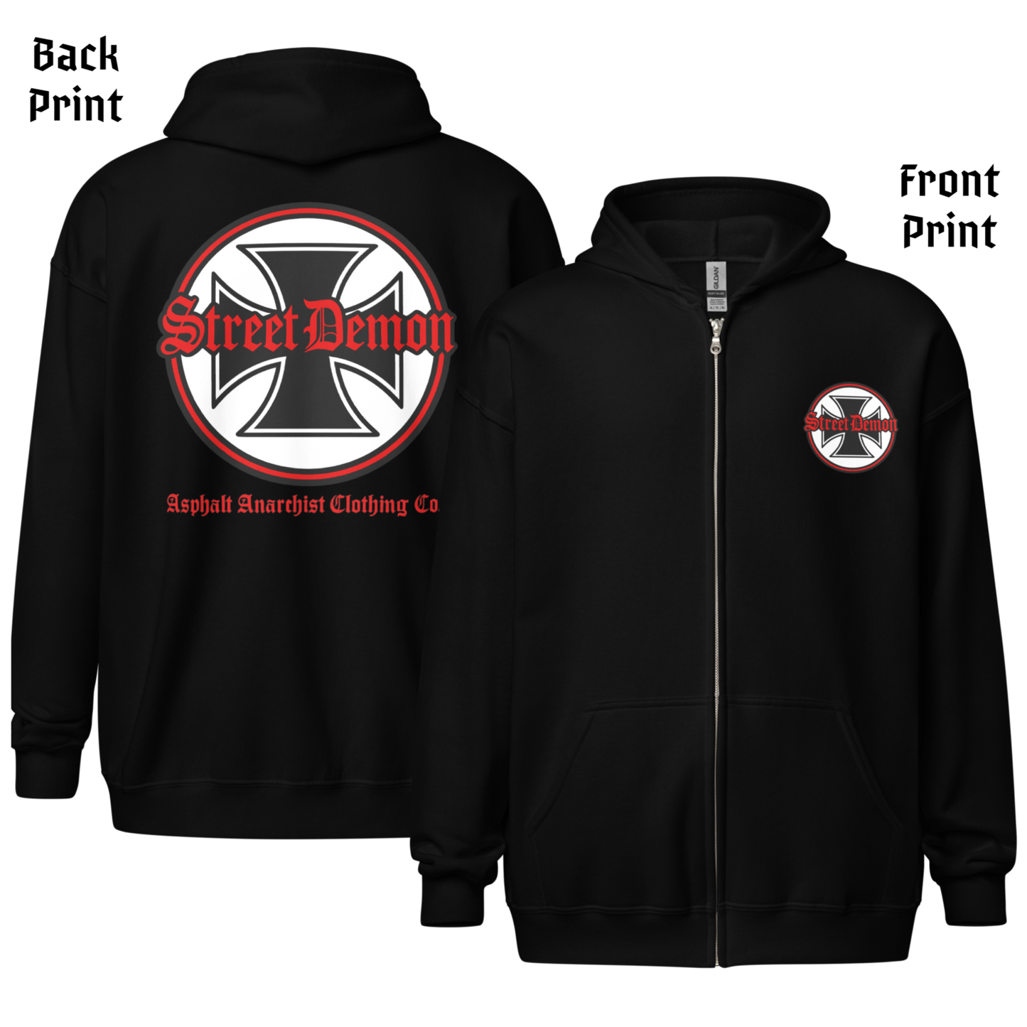 
                  
                    Back & front View. Street Demon Heavy Zipper Black Hoodie with bold Old English typography layered over a classic iron cross emblem. The design channels raw hot rod energy and outlaw attitude, printed on rugged fleece with a durable metal zipper for a rebellious finish. This image was generated by AI 
                  
                