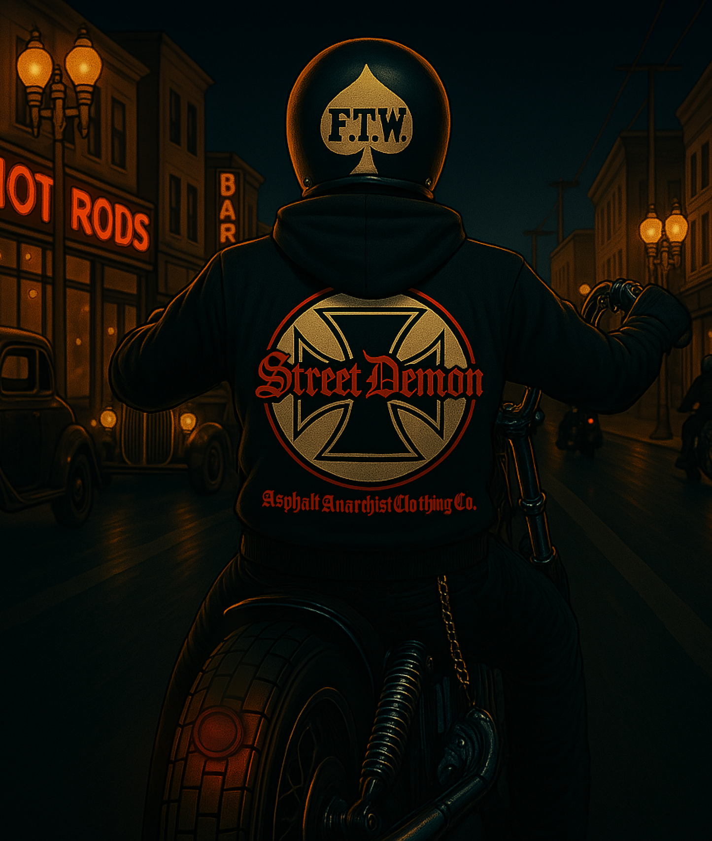 
                  
                    A road rebel biker atop his bobber cruises the boulevard of a bygone American era. He is wearing the Street Demon Heavy Zipper Black Hoodie that channels raw hot rod energy and outlaw attitude. This image was generated by AI 
                  
                