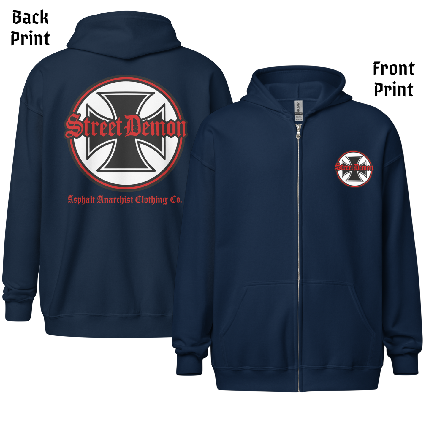 
                  
                    Back & front View. Street Demon Heavy Zipper Navy Hoodie with bold Old English typography layered over a classic iron cross emblem. The design channels raw hot rod energy and outlaw attitude, printed on rugged fleece with a durable metal zipper for a rebellious finish. This image was generated by AI 
                  
                