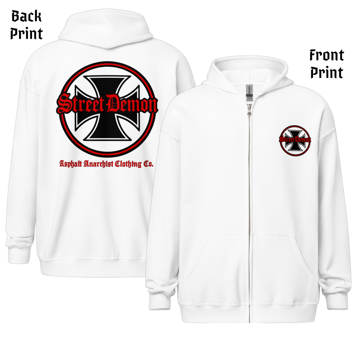 
                  
                    Back & front View. Street Demon Heavy Zipper White Hoodie with bold Old English typography layered over a classic iron cross emblem. The design channels raw hot rod energy and outlaw attitude, printed on rugged fleece with a durable metal zipper for a rebellious finish. This image was generated by AI 
                  
                