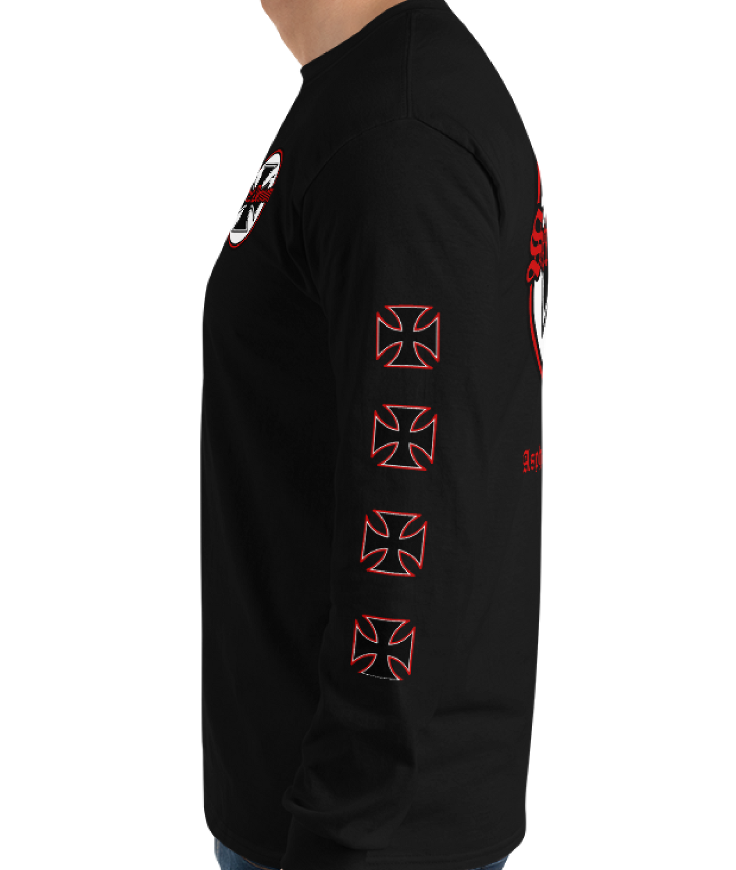 
                  
                    Left side view of the Street Demon Long Sleeve Tee in Black from Asphalt Anarchist Clothing Co. Red & black Iron cross and Old English graphic. AI-generated image.
                  
                