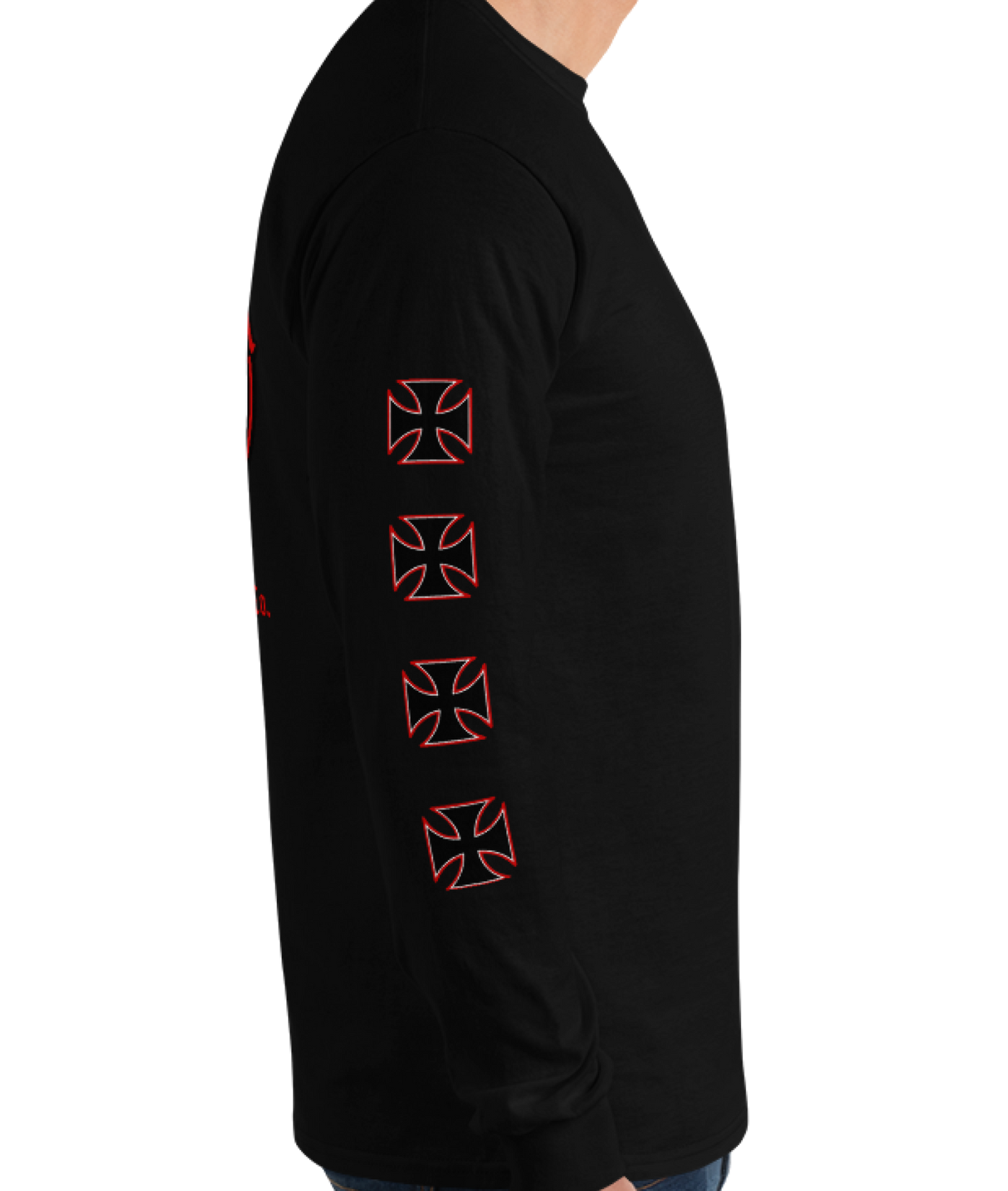 
                  
                    Right side view of the Street Demon Long Sleeve Tee in Black from Asphalt Anarchist Clothing Co. Red & black Iron cross and Old English graphic. AI-generated image.
                  
                