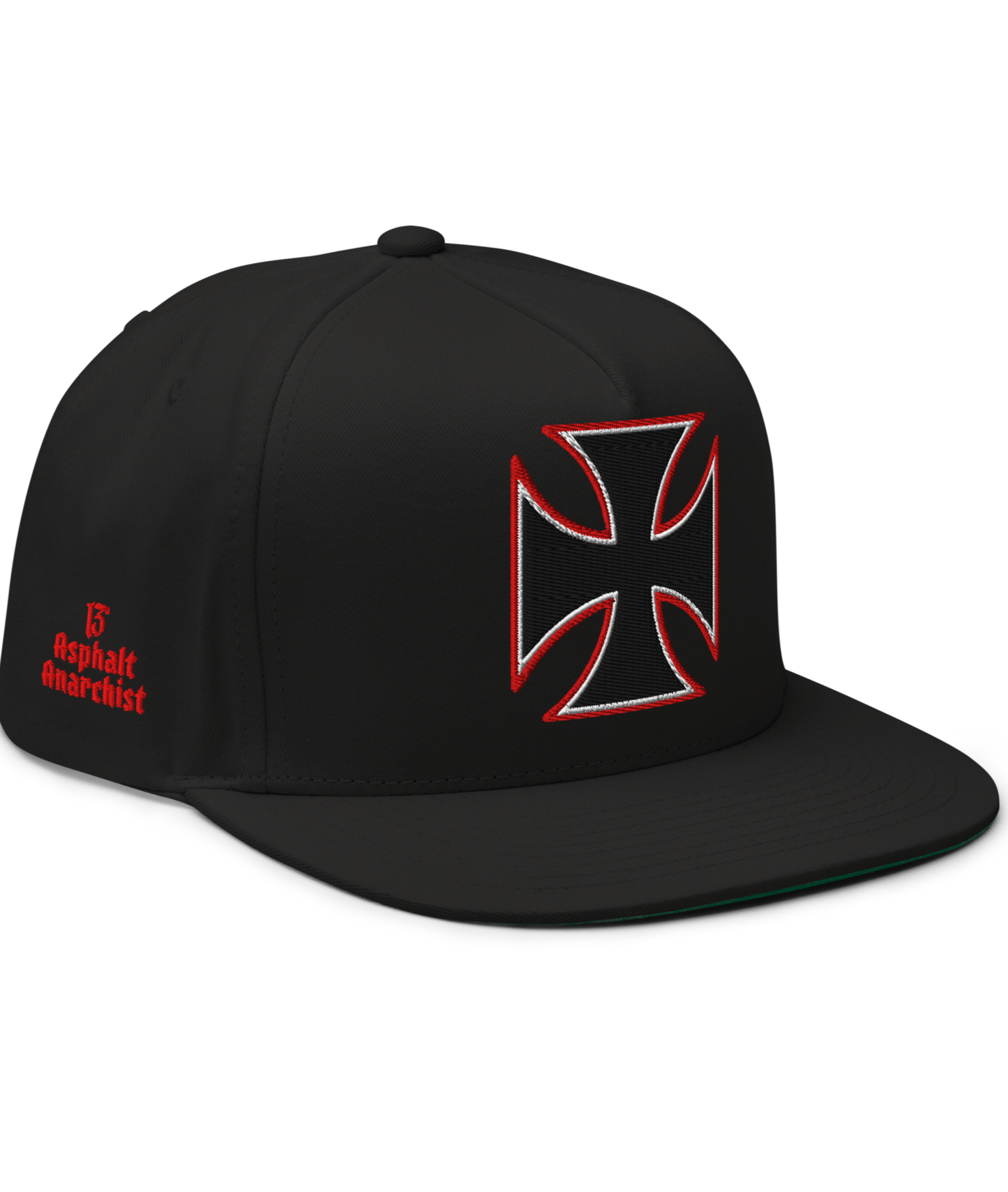 Front View. Black Street Demon Snapback Hat from Asphalt Anarchist Clothing Co. featuring a bold embroidered Iron Cross emblem centered on the front panel; flat brim and structured fit reflect rebellious streetwear style.
This image was AI-generated.

