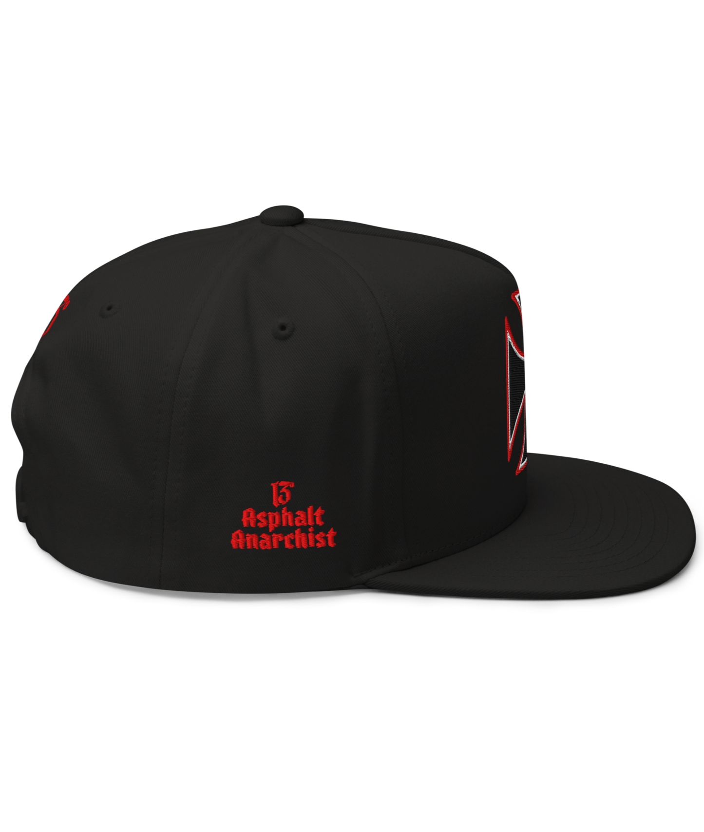 
                  
                    Side View. Black Street Demon Snapback Hat from Asphalt Anarchist Clothing Co. featuring a bold embroidered Iron Cross emblem centered on the front panel; flat brim and structured fit reflect rebellious streetwear style.
This image was AI-generated.
                  
                