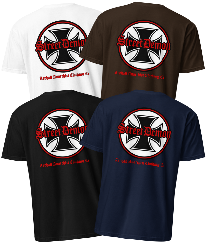 Back view. Street Demon Soft-Style Tee in 4 color options, featuring bold vintage hot rod artwork printed across the chest. Design includes distressed Old English lettering reading “Street Demon,” paired with a prominent iron cross emblem—reminiscent of classic biker iconography and 1950s car club insignias. Soft fabric, crew neck cut. Ideal for fans of rockabilly fashion, retro drag strip culture, and rebellious Americana. AI-generated image.