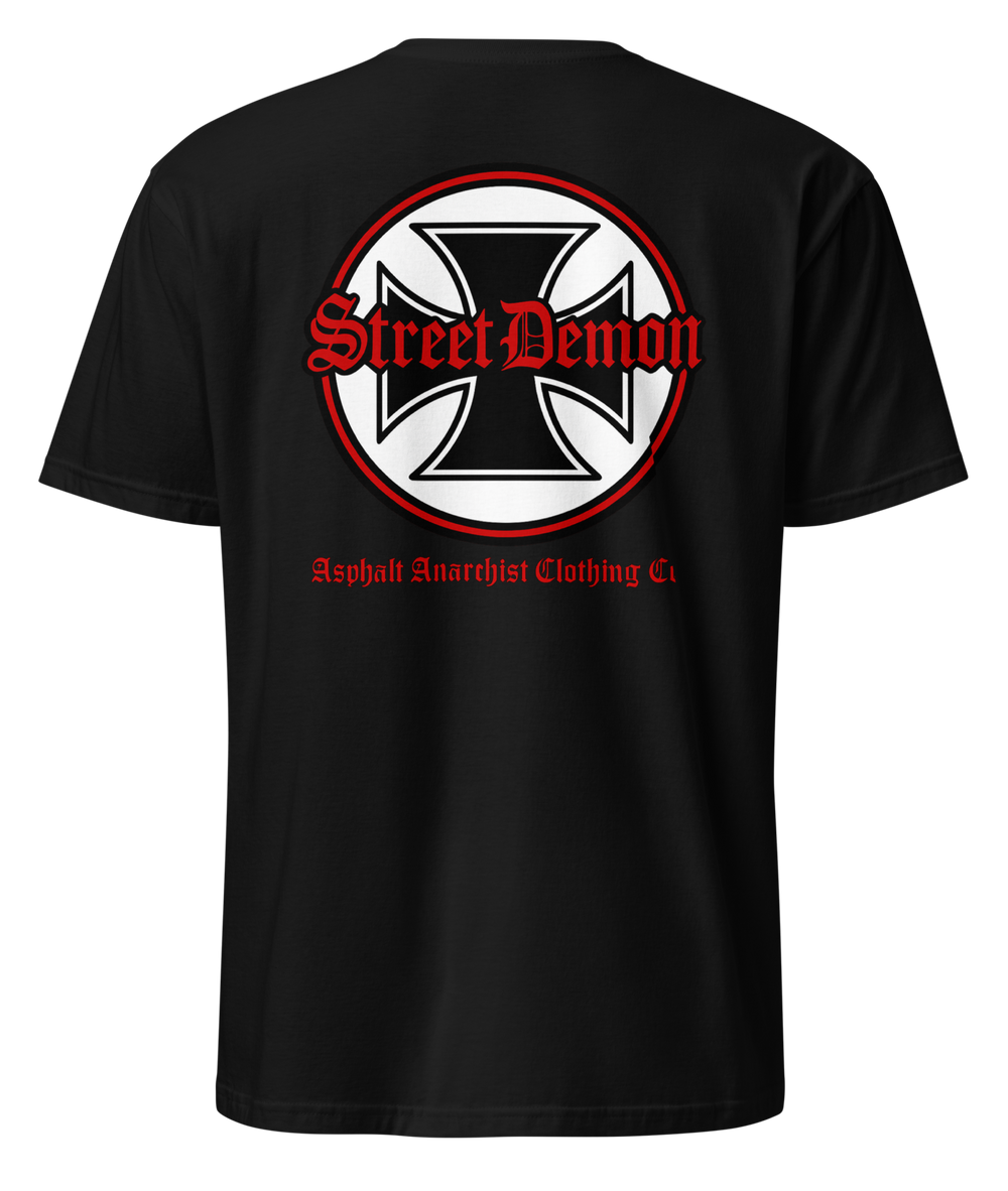 Back view. Street Demon Soft-Style Tee in black, featuring bold vintage hot rod artwork printed across the chest. Design includes distressed Old English lettering reading “Street Demon,” paired with a prominent iron cross emblem—reminiscent of classic biker iconography and 1950s car club insignias. Soft fabric, crew neck cut. Ideal for fans of rockabilly fashion, retro drag strip culture, and rebellious Americana. AI-generated image.