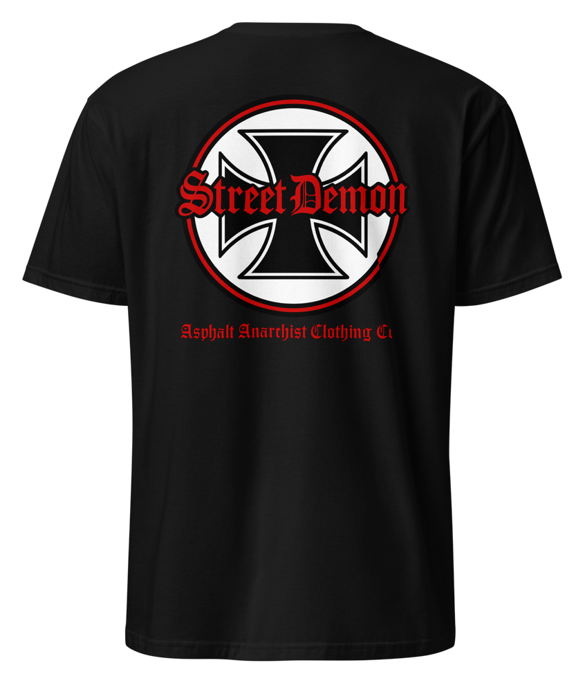 Back view. Street Demon Soft-Style Tee in black, featuring bold vintage hot rod artwork printed across the chest. Design includes distressed Old English lettering reading “Street Demon,” paired with a prominent iron cross emblem—reminiscent of classic biker iconography and 1950s car club insignias. Soft fabric, crew neck cut. Ideal for fans of rockabilly fashion, retro drag strip culture, and rebellious Americana. AI-generated image.