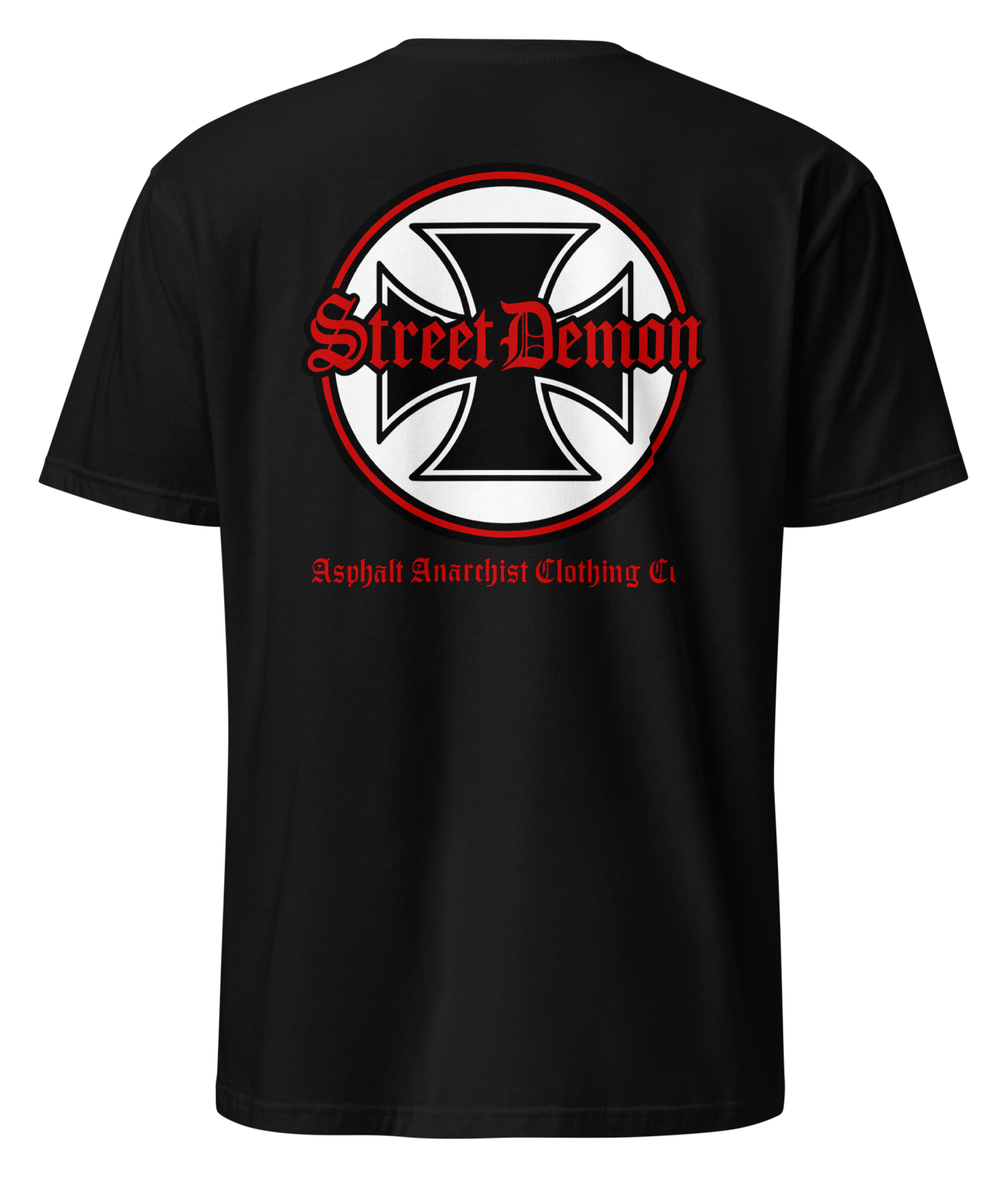 Back view. Street Demon Soft-Style Tee in black, featuring bold vintage hot rod artwork printed across the chest. Design includes distressed Old English lettering reading “Street Demon,” paired with a prominent iron cross emblem—reminiscent of classic biker iconography and 1950s car club insignias. Soft fabric, crew neck cut. Ideal for fans of rockabilly fashion, retro drag strip culture, and rebellious Americana. AI-generated image.