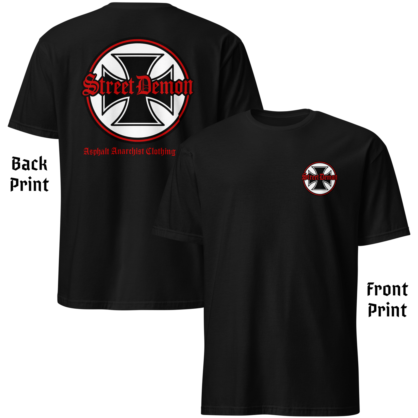 
                  
                    Back & front view. Street Demon Soft-Style Tee in black, featuring bold vintage hot rod artwork printed across the chest. Design includes distressed Old English lettering reading “Street Demon,” paired with a prominent iron cross emblem—reminiscent of classic biker iconography and 1950s car club insignias. Soft fabric, crew neck cut. Ideal for fans of rockabilly fashion, retro drag strip culture, and rebellious Americana. AI-generated image.
                  
                