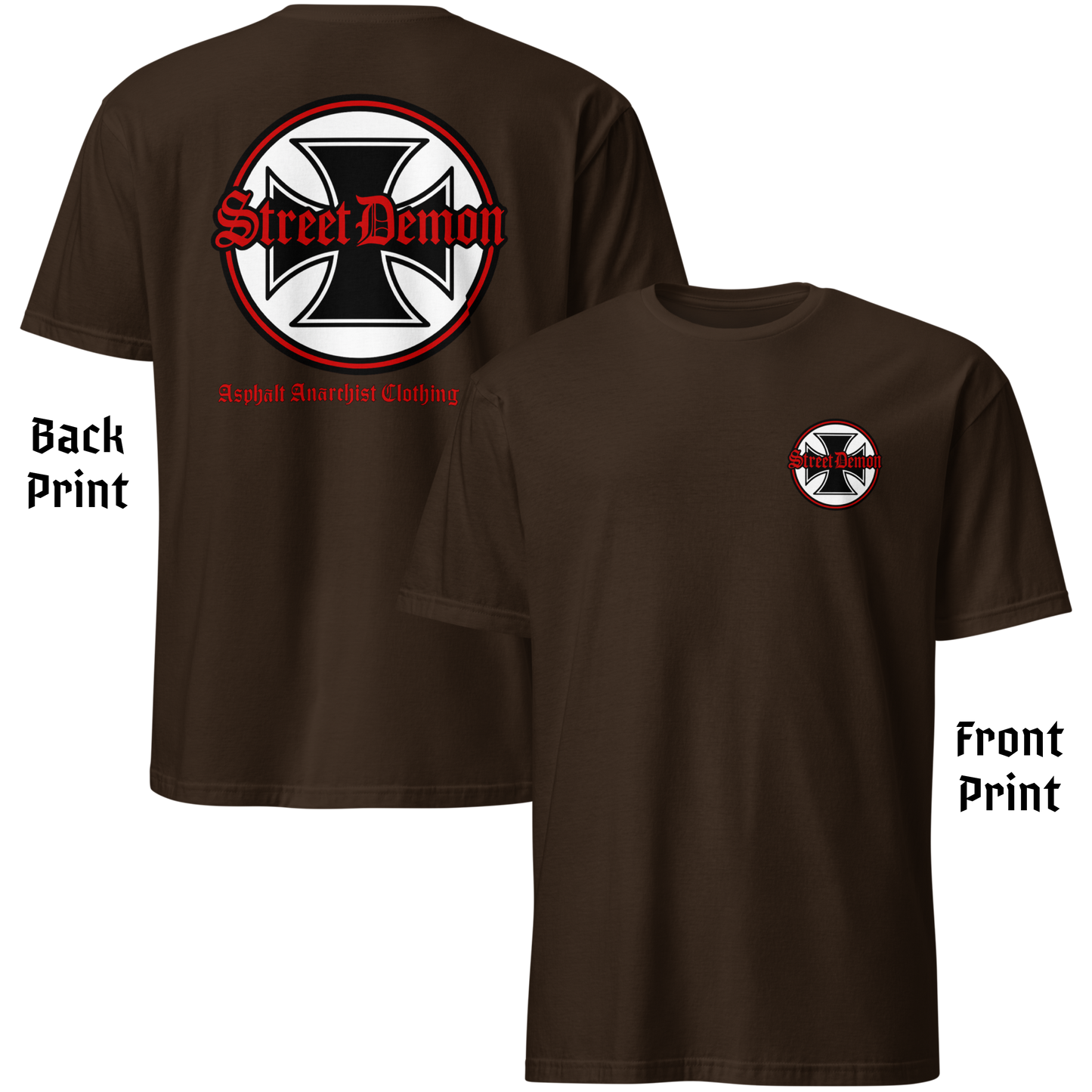 
                  
                    Back & front view. Street Demon Soft-Style Tee in brown, featuring bold vintage hot rod artwork printed across the chest. Design includes distressed Old English lettering reading “Street Demon,” paired with a prominent iron cross emblem—reminiscent of classic biker iconography and 1950s car club insignias. Soft fabric, crew neck cut. Ideal for fans of rockabilly fashion, retro drag strip culture, and rebellious Americana. AI-generated image.
                  
                