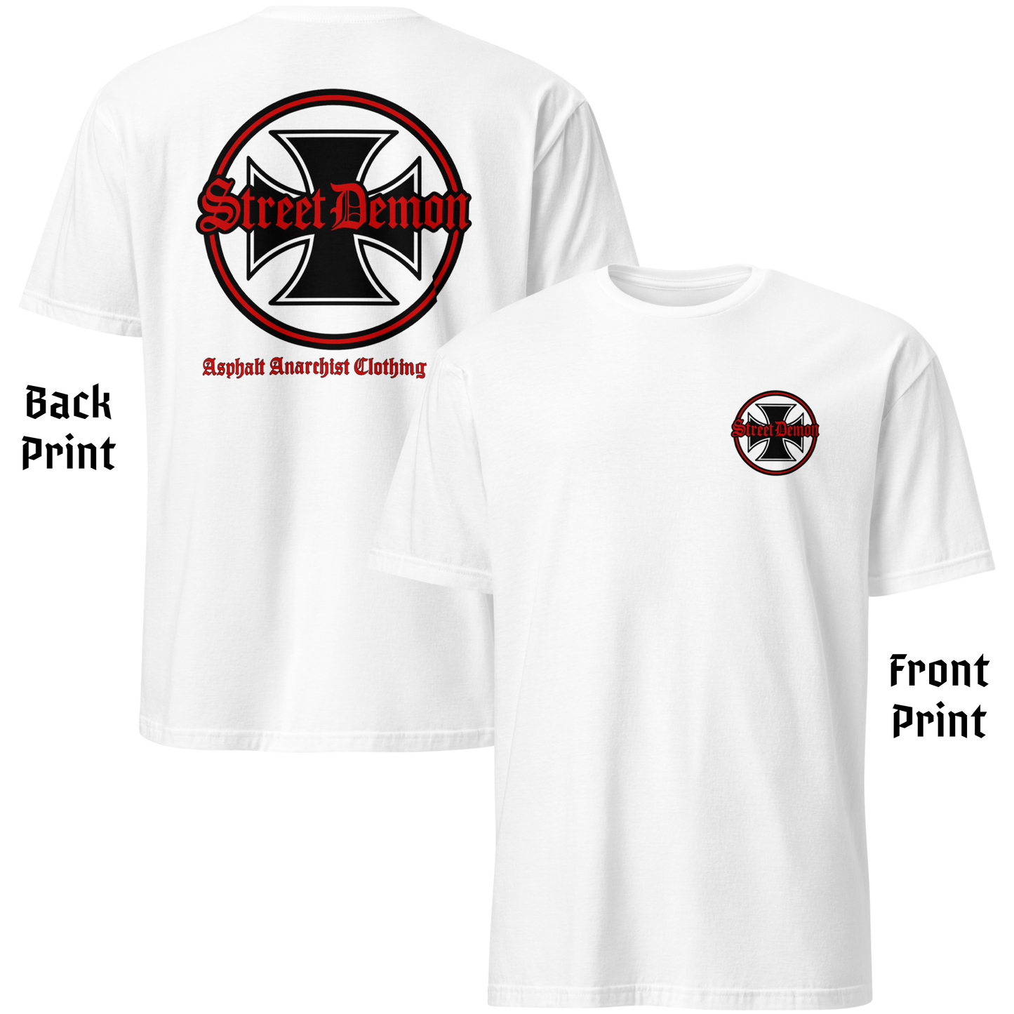 
                  
                    Back & front view. Street Demon Soft-Style Tee in white, featuring bold vintage hot rod artwork printed across the chest. Design includes distressed Old English lettering reading “Street Demon,” paired with a prominent iron cross emblem—reminiscent of classic biker iconography and 1950s car club insignias. Soft fabric, crew neck cut. Ideal for fans of rockabilly fashion, retro drag strip culture, and rebellious Americana. AI-generated image.
                  
                