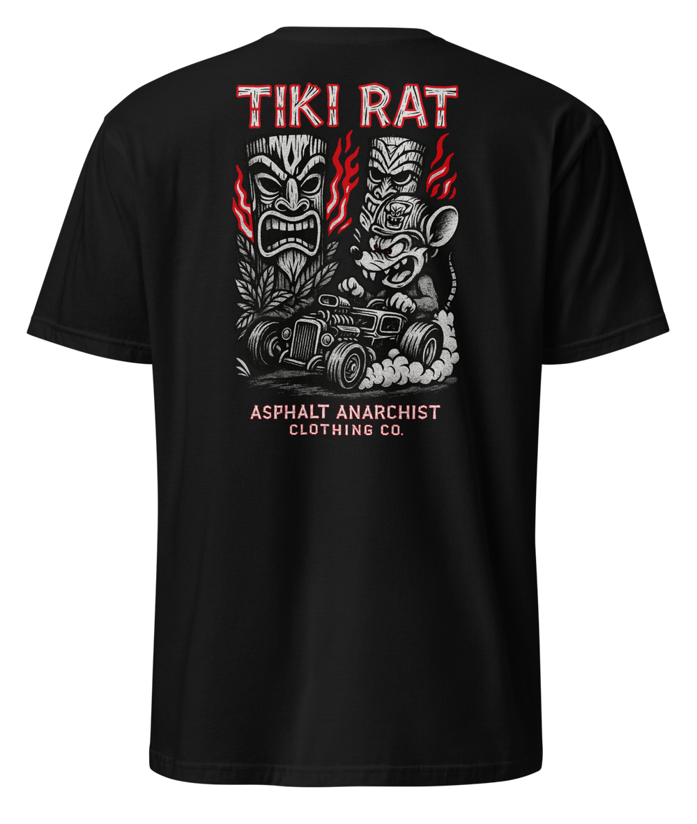 Back view of Tiki Rat t-shirt in black showcasing full-back lowbrow hot rod and tiki artwork in bold colors. Asphalt Anarchist Clothing Co.
OLD SKOOL HOT ROD APPAREL
Custom fueled, never factory filled. Image is AI-generated.