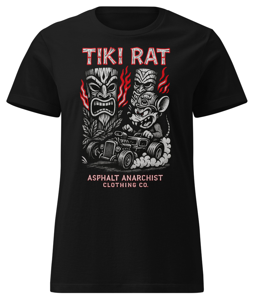 Front view of the Tiki Rat Women's Tee from Asphalt Anarchist Clothing Co. Soft-style cotton tee shirt in black. Semi-contoured vintage rockabilly cut, perfect for tiki rebellion — AI generated image.