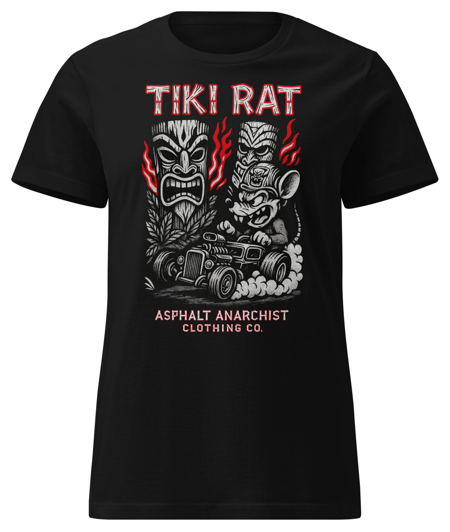 Front view of the Tiki Rat Women's Tee from Asphalt Anarchist Clothing Co. Soft-style cotton tee shirt in black. Semi-contoured vintage rockabilly cut, perfect for tiki rebellion — AI generated image.