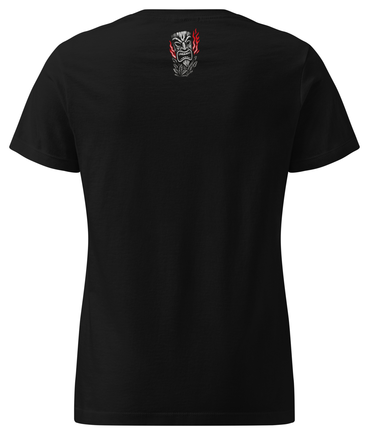 Back view of the Tiki Rat Women's Tee from Asphalt Anarchist Clothing Co. Soft-style cotton tee shirt in black. Semi-contoured vintage rockabilly cut, perfect for tiki rebellion — AI generated image.