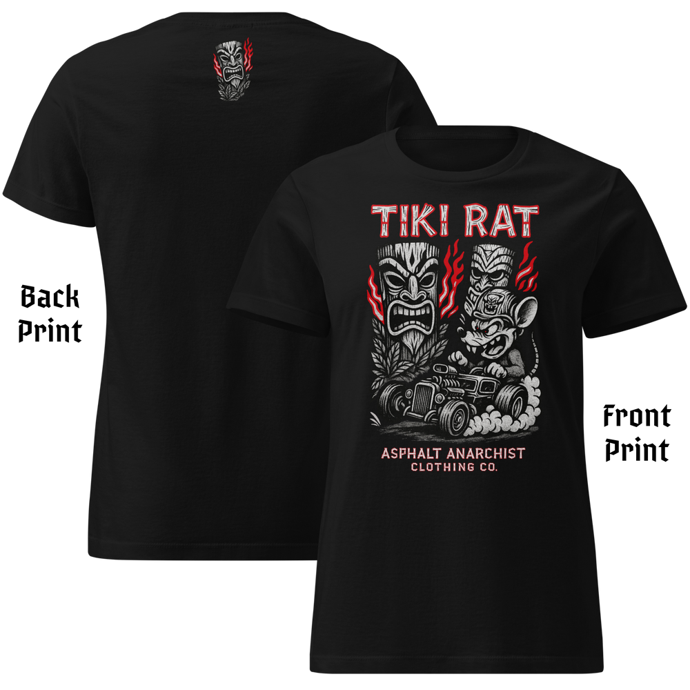 
                  
                    Front & back view of the Tiki Rat Women's Tee from Asphalt Anarchist Clothing Co. Soft-style cotton tee shirt in black. Semi-contoured vintage rockabilly cut, perfect for tiki rebellion — AI generated image.
                  
                