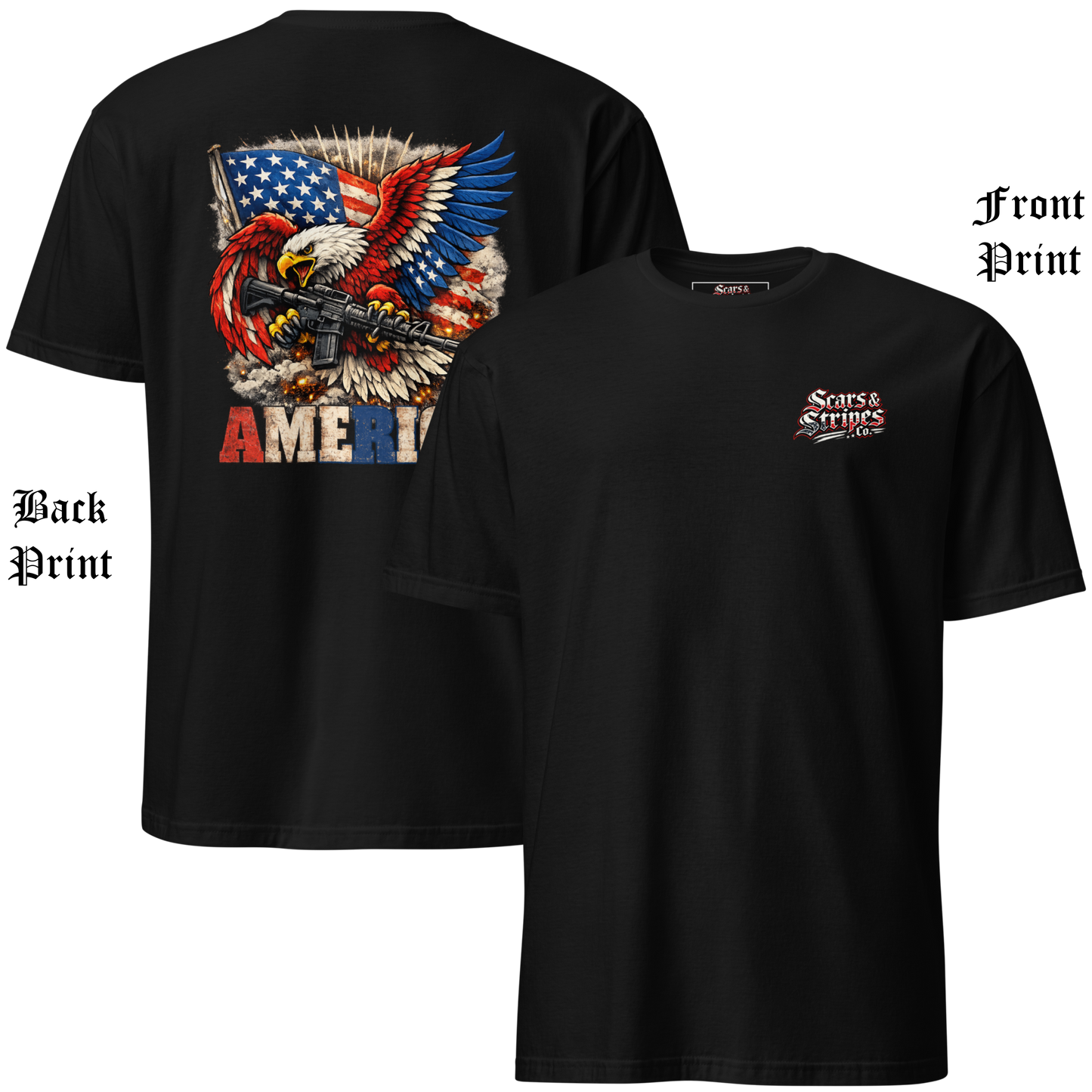 
                  
                    Back and front view of the Scars & Stripes AR America Tee in black featuring a distressed American‑flag‑colored eagle clutching an AR‑15, with the bold red‑A and blue‑R “America” wordmark centered across the upper back; gritty, weathered, patriotic design. AI Generated Image
                  
                