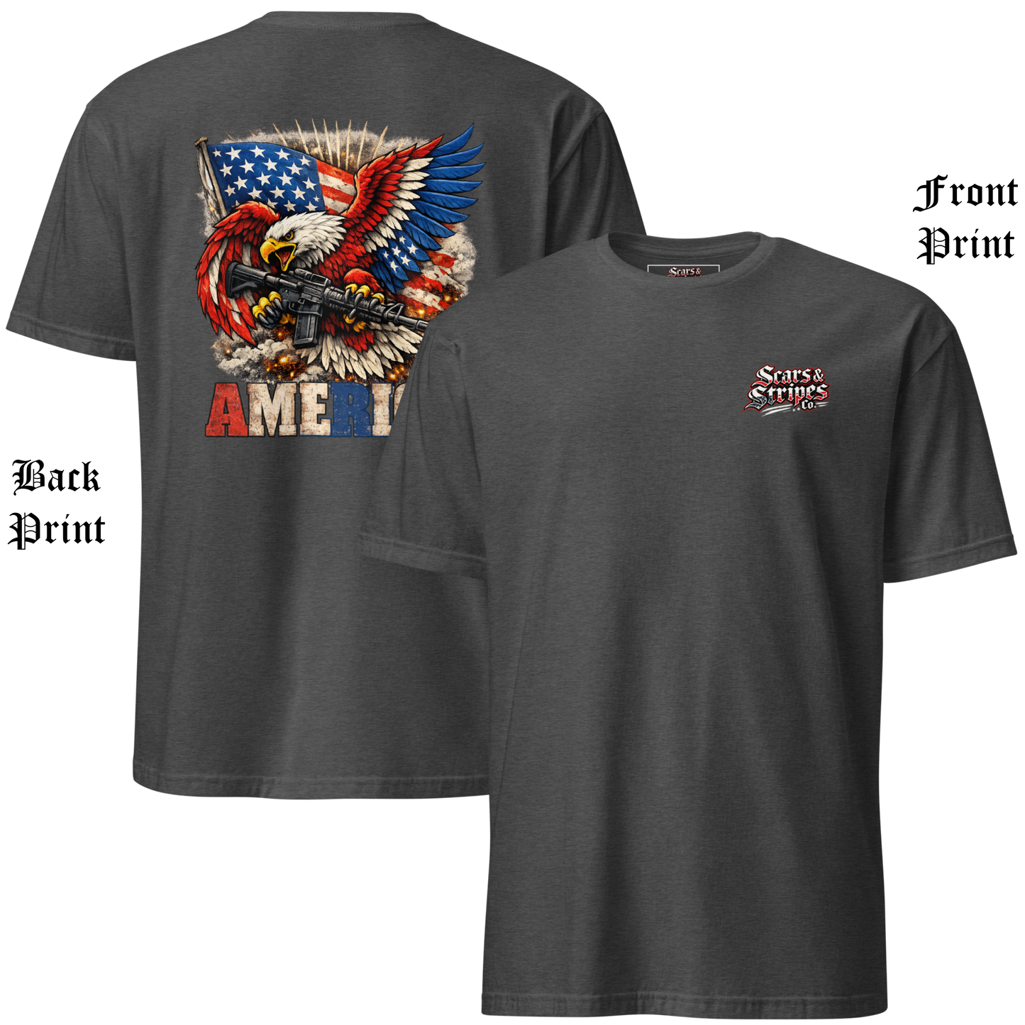 
                  
                    Back and front view of the Scars & Stripes AR America Tee in dark heather featuring a distressed American‑flag‑colored eagle clutching an AR‑15, with the bold red‑A and blue‑R “America” wordmark centered across the upper back; gritty, weathered, patriotic design. AI Generated Image
                  
                