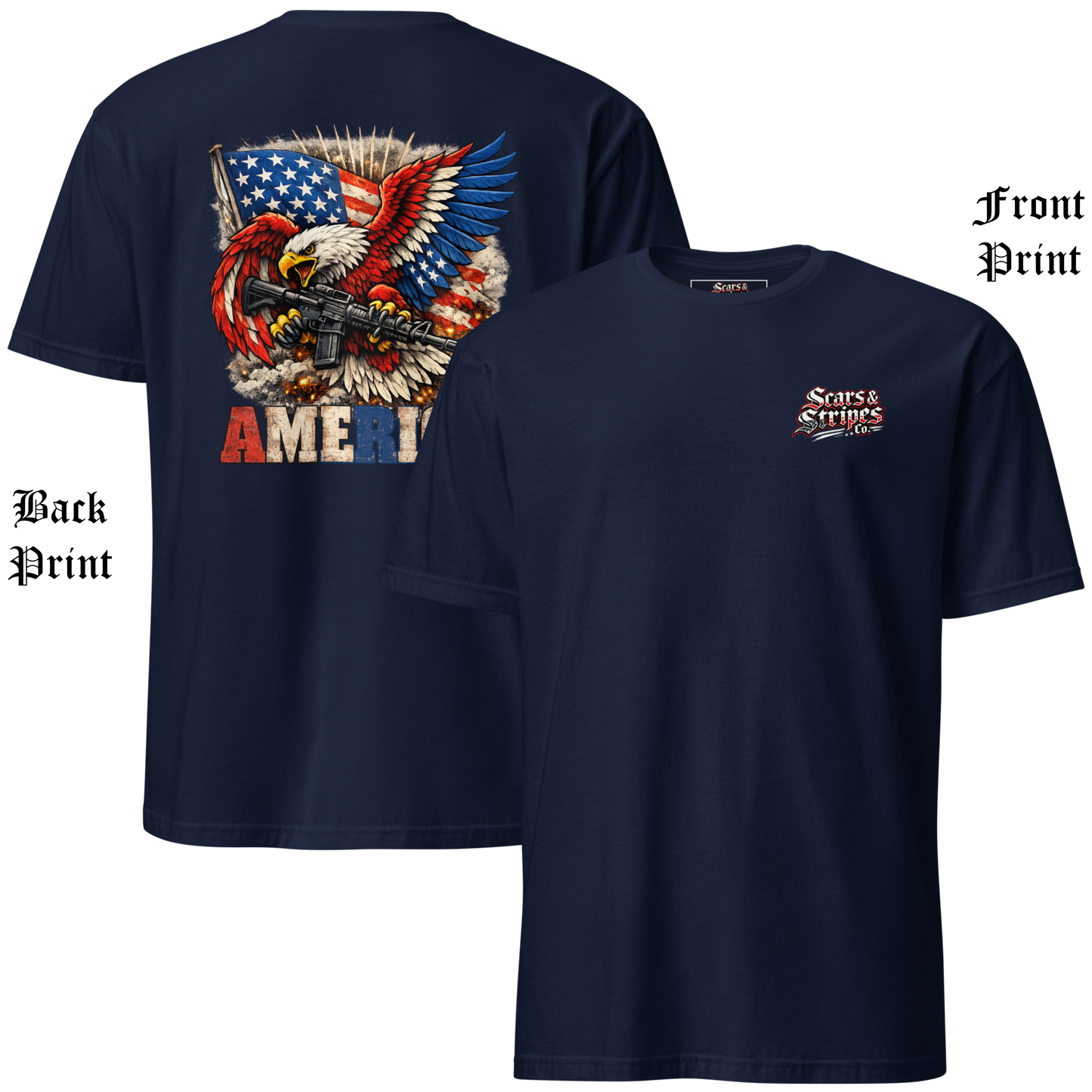 
                  
                    Back and front view of the Scars & Stripes AR America Tee in navy featuring a distressed American‑flag‑colored eagle clutching an AR‑15, with the bold red‑A and blue‑R “America” wordmark centered across the upper back; gritty, weathered, patriotic design. AI Generated Image
                  
                