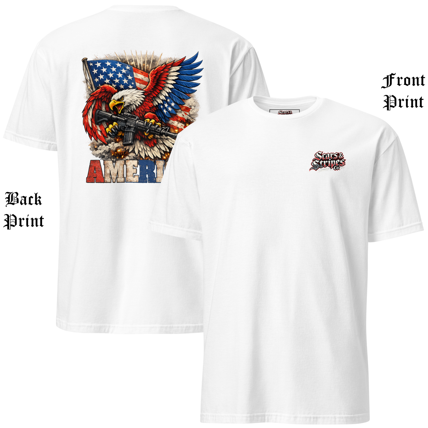 
                  
                    Back and front view of the Scars & Stripes AR America Tee in white featuring a distressed American‑flag‑colored eagle clutching an AR‑15, with the bold red‑A and blue‑R “America” wordmark centered across the upper back; gritty, weathered, patriotic design. AI Generated Image
                  
                