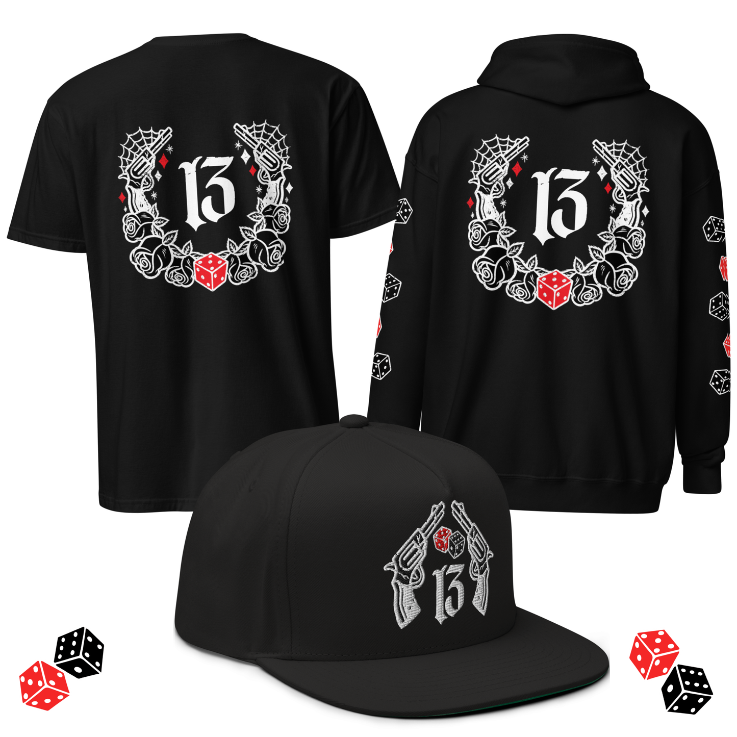 Big Iron Collection from Asphalt Anarchist Clothing Co. Tattoo flash design of twin revolvers, roses, cobwebs, dice, and the lucky number 13! AI Generated Image