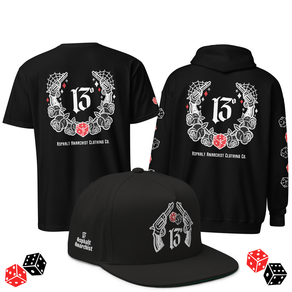 Big Iron Collection from Asphalt Anarchist Clothing Co. Tattoo flash design of twin revolvers, roses, cobwebs, dice, and the lucky number 13! AI Generated Image