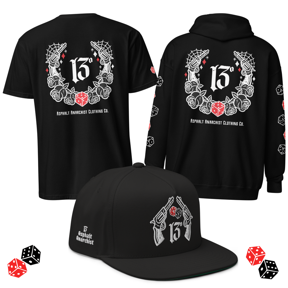 Big Iron Collection from Asphalt Anarchist Clothing Co. Tattoo flash design of twin revolvers, roses, cobwebs, dice, and the lucky number 13! AI Generated Image