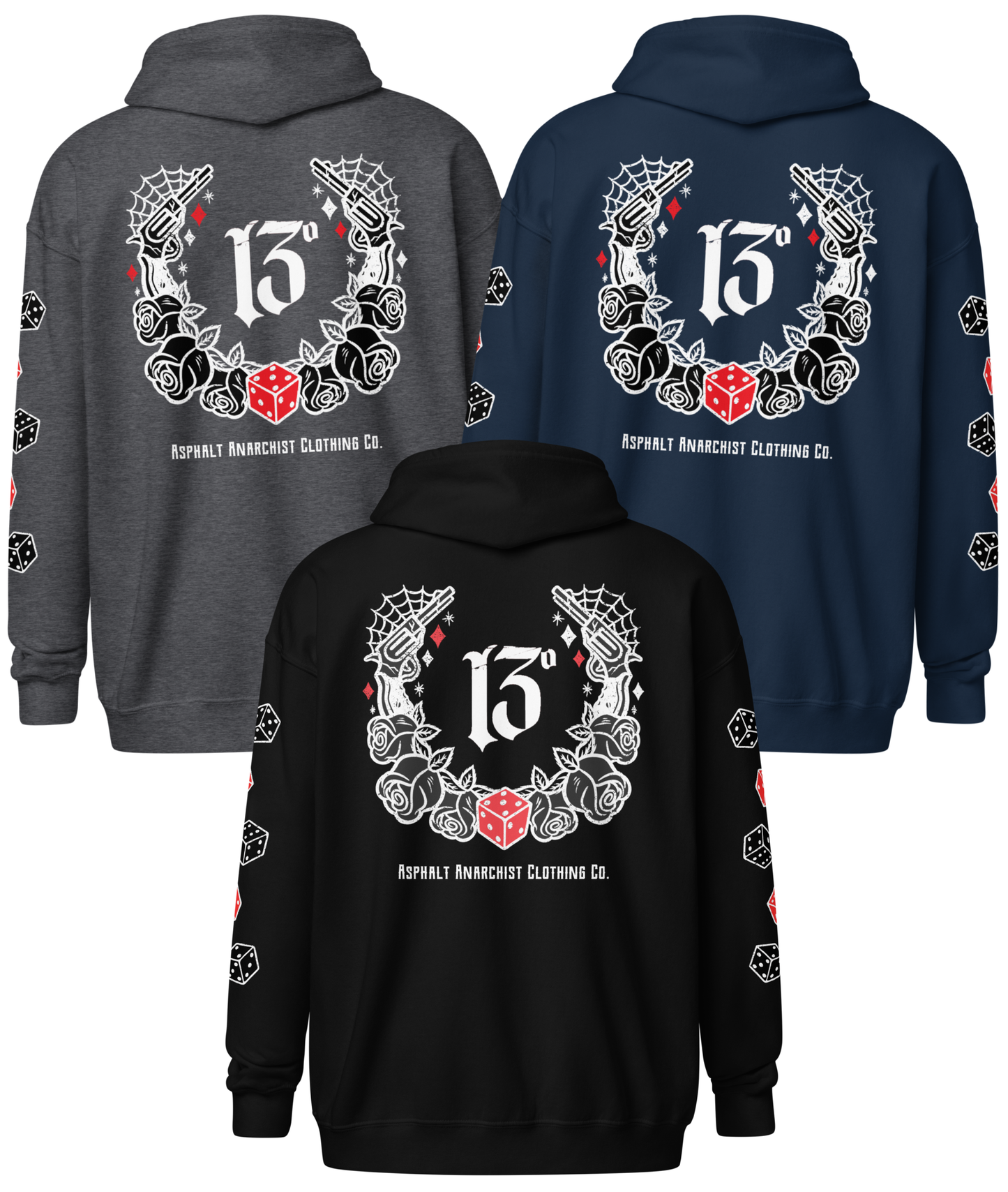 Back collage view of the Big Iron Zipper Heavy Hoodie in black, gray, or navy from Asphalt Anarchist Clothing Co. Flash art pistols, dice, & roses around the iconic 13. AI Generated Image.