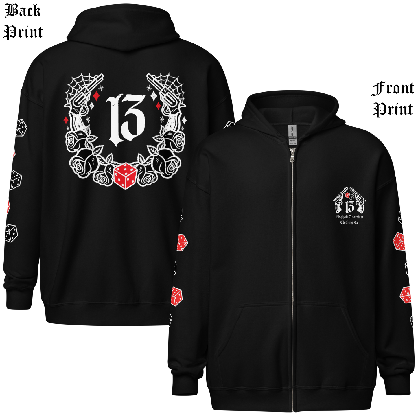 
                  
                    Back & front view of the Big Iron Zipper Heavy Hoodie in black from Asphalt Anarchist Clothing Co. Flash art pistols, dice, & roses around the iconic 13. AI Generated Image.
                  
                