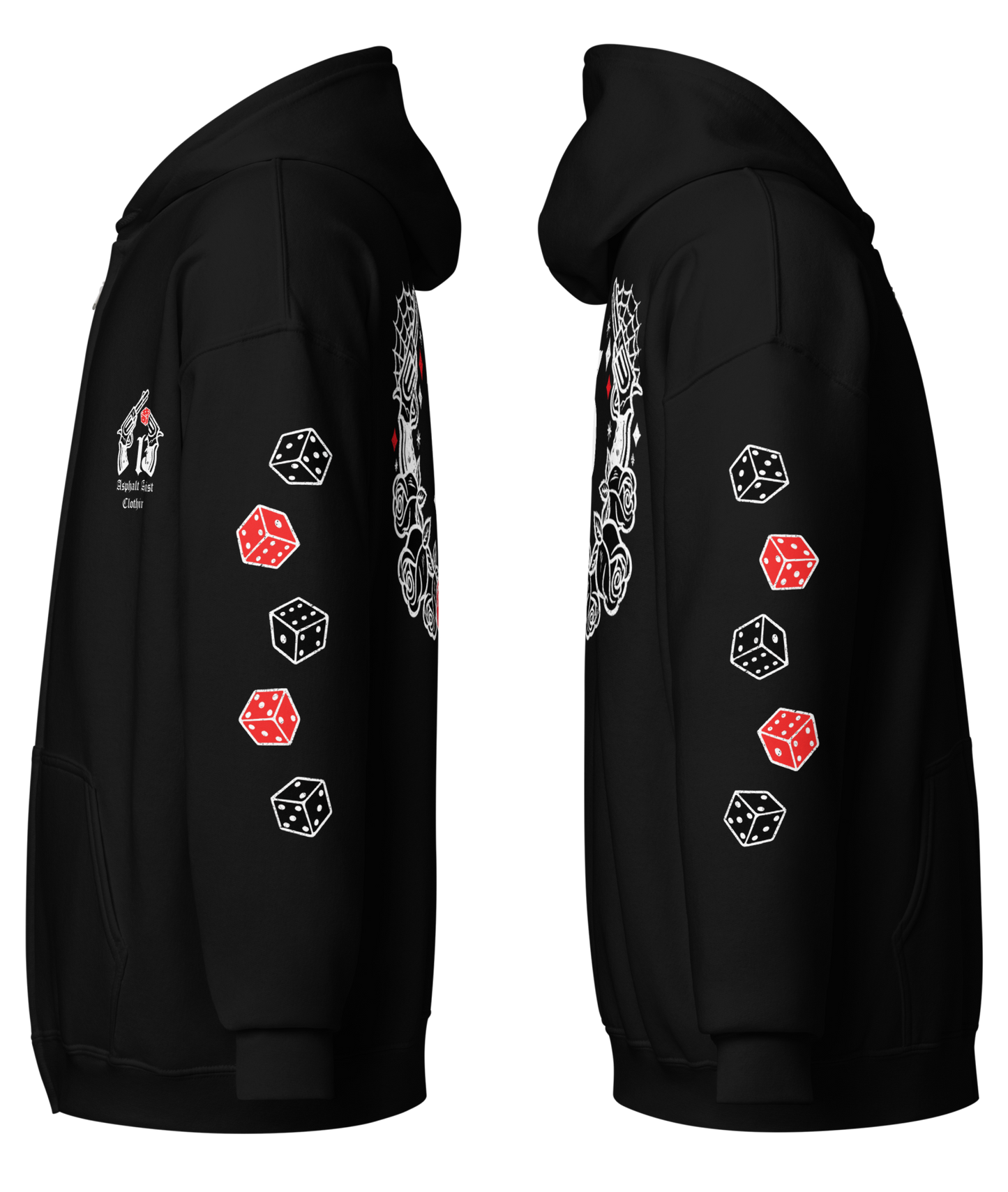 
                  
                    Left & right side view of the Big Iron Zipper Heavy Hoodie in black from Asphalt Anarchist Clothing Co. Flash art pistols, dice, & roses around the iconic 13. AI Generated Image.
                  
                