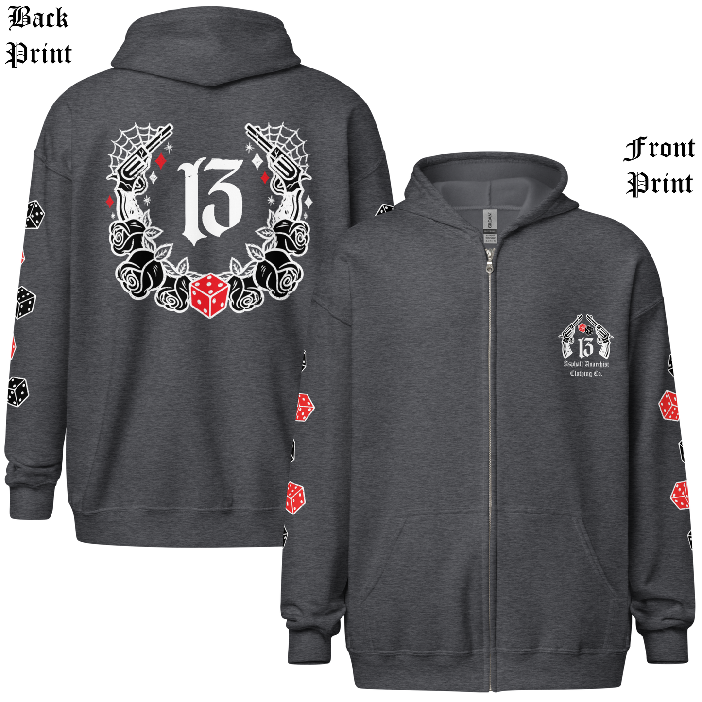 
                  
                    Back & front view of the Big Iron Zipper Heavy Hoodie in gray from Asphalt Anarchist Clothing Co. Flash art pistols, dice, & roses around the iconic 13. AI Generated Image.
                  
                