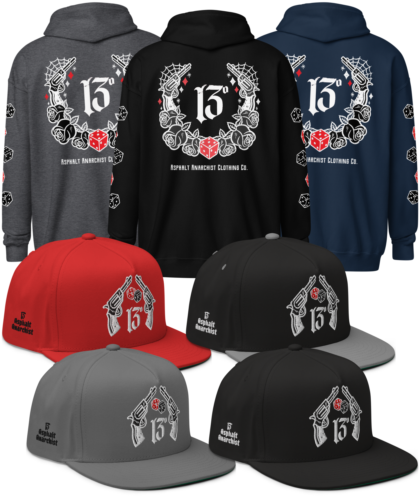All Colors collage of the BIG IRON Bundle. Pistols & Dice Design. Black Heavy Zipper Hoodie & Black Embroidered Snapback Hat from Asphalt Anarchist Clothing Co. OLD SKOOL HOT ROD CLOTHING 
