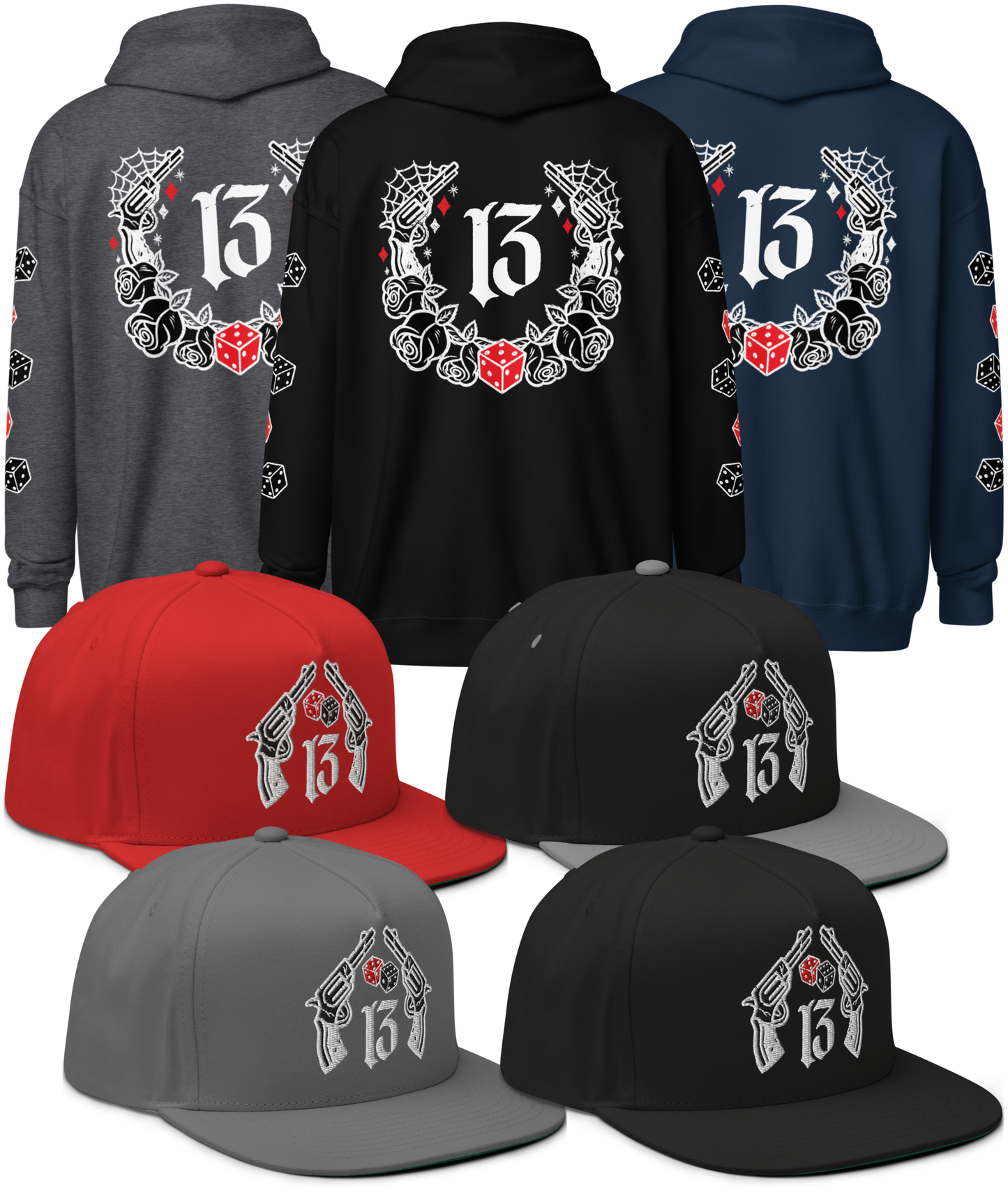 All Colors collage of the BIG IRON Bundle. Pistols & Dice Design. Black Heavy Zipper Hoodie & Black Embroidered Snapback Hat from Asphalt Anarchist Clothing Co. OLD SKOOL HOT ROD CLOTHING 