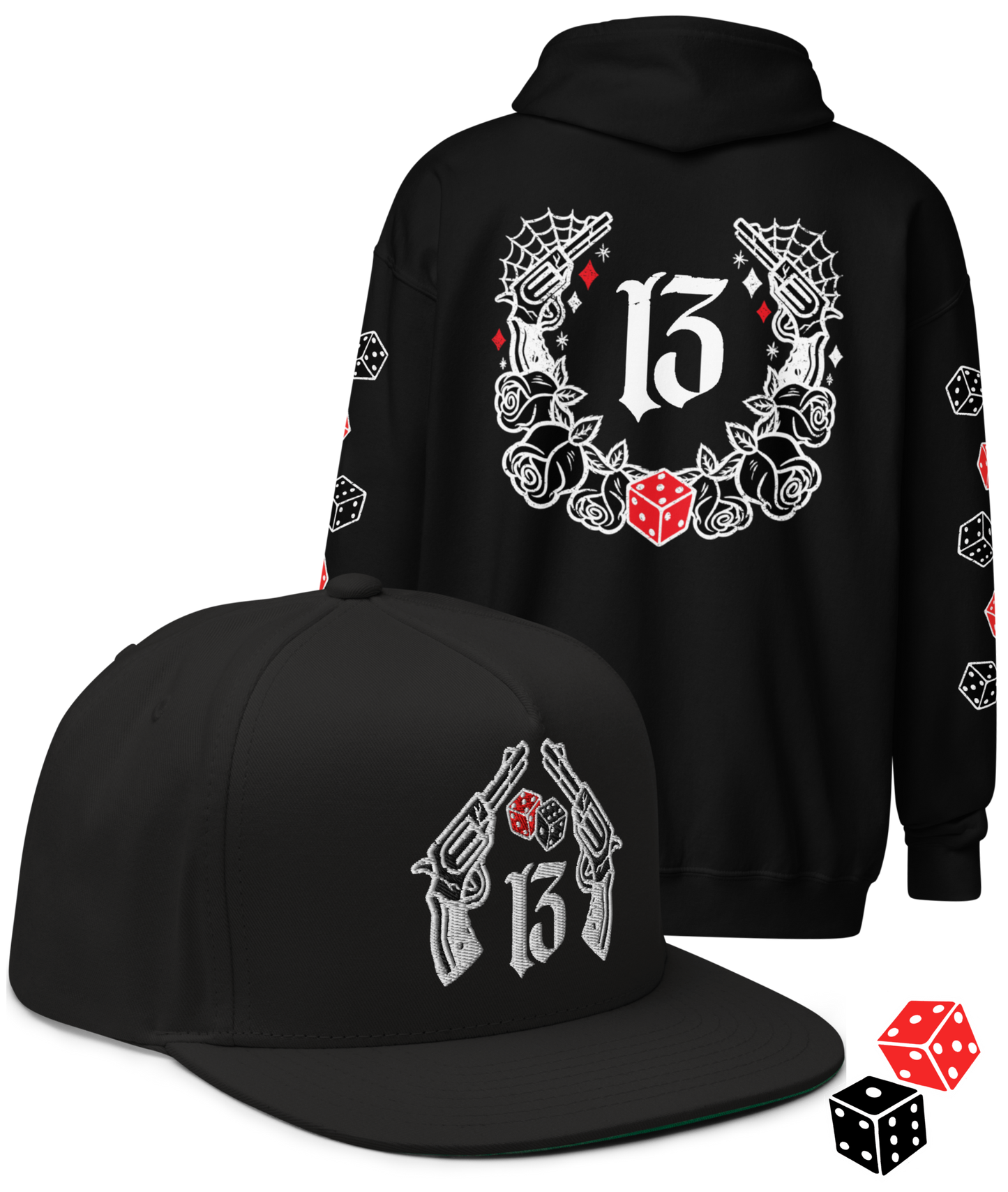 BIG IRON Bundle. Pistols & Dice Design. Black Heavy Zipper Hoodie & Black Embroidered Snapback Hat from Asphalt Anarchist Clothing Co. OLD SKOOL HOT ROD CLOTHING 