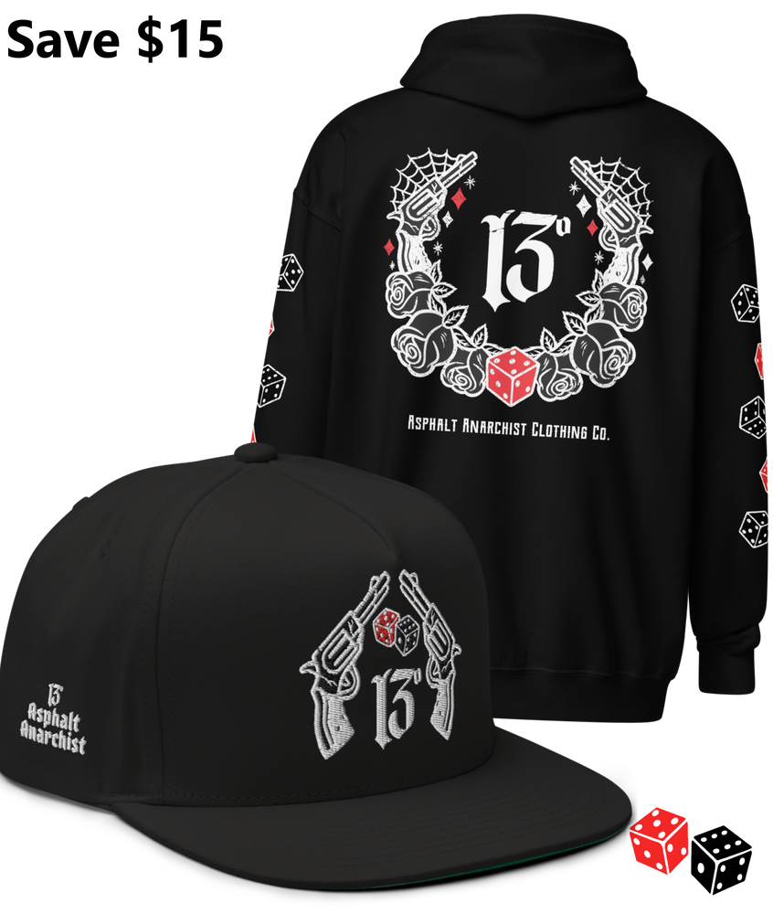 BIG IRON Bundle. Pistols & Dice Design. Black Heavy Zipper Hoodie & Black Embroidered Snapback Hat from Asphalt Anarchist Clothing Co. OLD SKOOL HOT ROD CLOTHING 