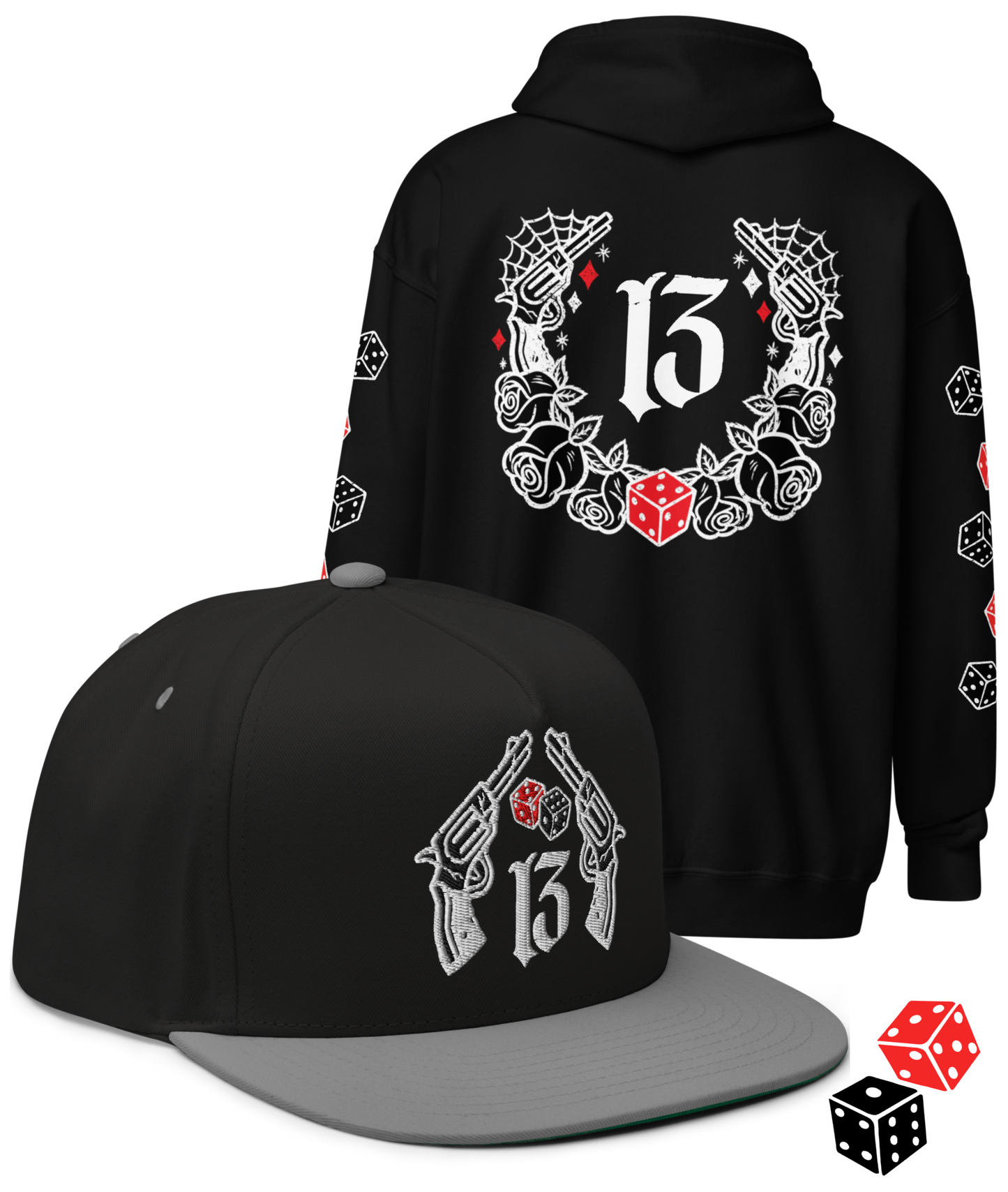 
                  
                    BIG IRON Bundle. Pistols & Dice Design. Black Heavy Zipper Hoodie & Black & Gray Embroidered Snapback Hat from Asphalt Anarchist Clothing Co. OLD SKOOL HOT ROD CLOTHING 
                  
                