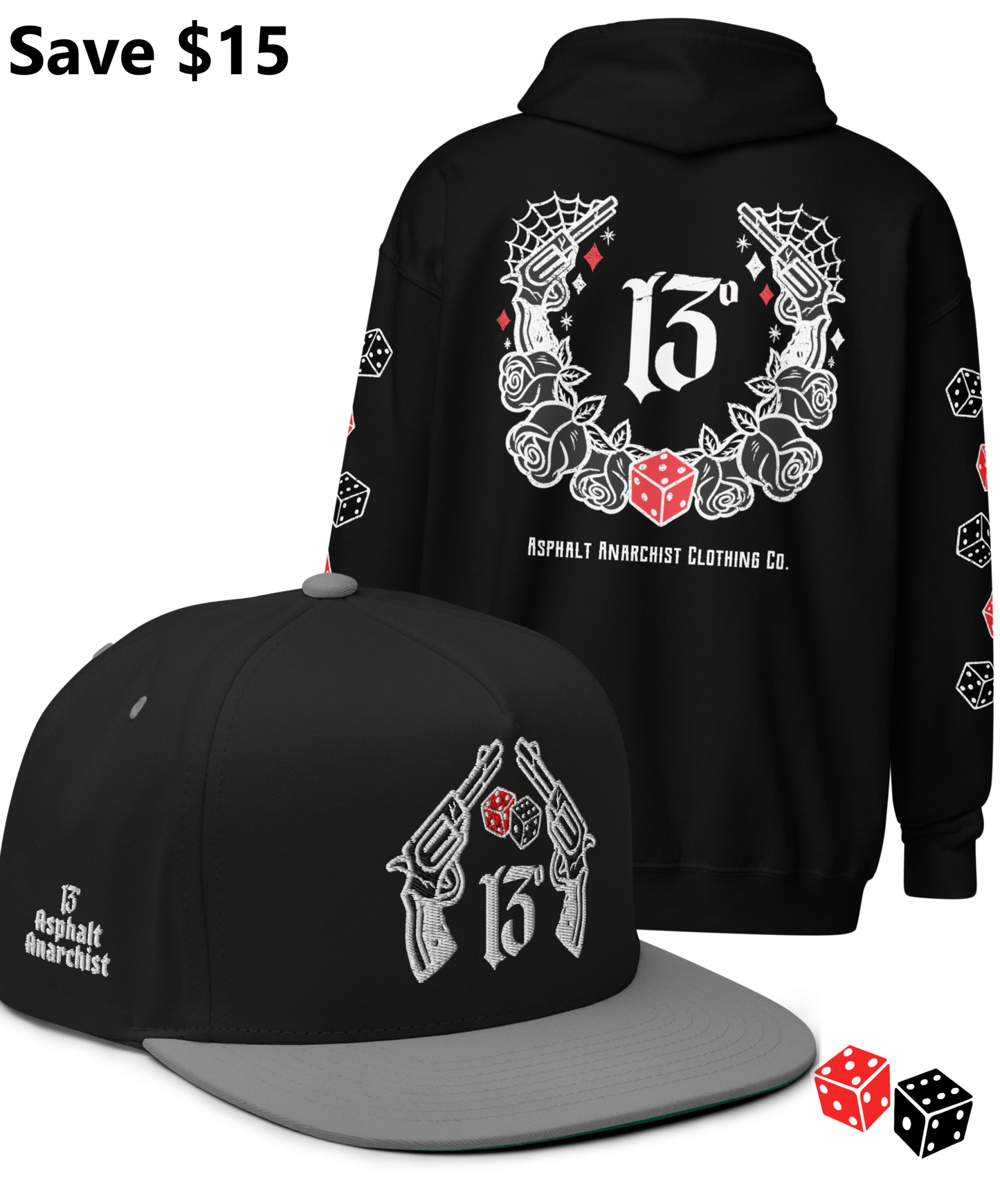 BIG IRON Bundle. Pistols & Dice Design. Black Heavy Zipper Hoodie & Black & Gray Embroidered Snapback Hat from Asphalt Anarchist Clothing Co. OLD SKOOL HOT ROD CLOTHING 