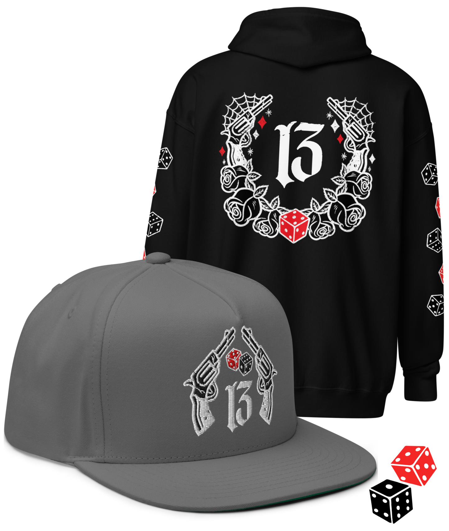 
                  
                    BIG IRON Bundle. Pistols & Dice Design. Black Heavy Zipper Hoodie & Black & Gray Embroidered Snapback Hat from Asphalt Anarchist Clothing Co. OLD SKOOL HOT ROD CLOTHING 
                  
                