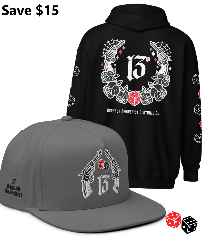 
                  
                    BIG IRON Bundle. Pistols & Dice Design. Black Heavy Zipper Hoodie & Gray Embroidered Snapback Hat from Asphalt Anarchist Clothing Co. OLD SKOOL HOT ROD CLOTHING 
                  
                