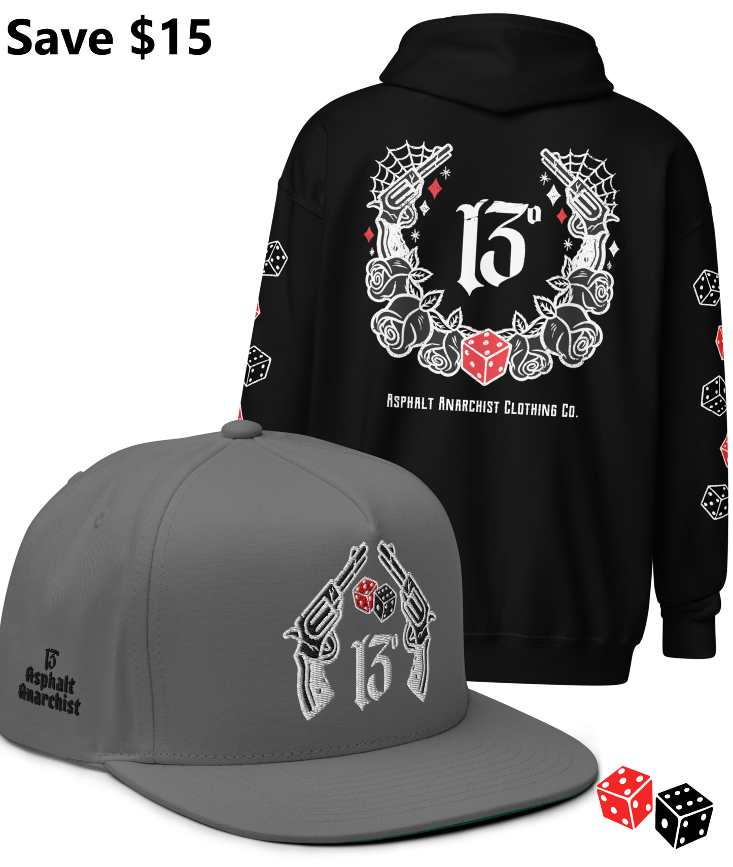 
                  
                    BIG IRON Bundle. Pistols & Dice Design. Black Heavy Zipper Hoodie & Gray Embroidered Snapback Hat from Asphalt Anarchist Clothing Co. OLD SKOOL HOT ROD CLOTHING 
                  
                