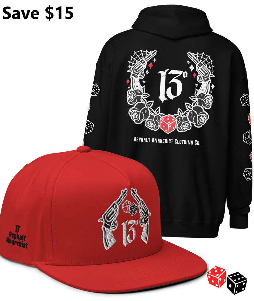
                  
                    BIG IRON Bundle. Pistols & Dice Design. Black Heavy Zipper Hoodie & Red Embroidered Snapback Hat from Asphalt Anarchist Clothing Co. OLD SKOOL HOT ROD CLOTHING 
                  
                