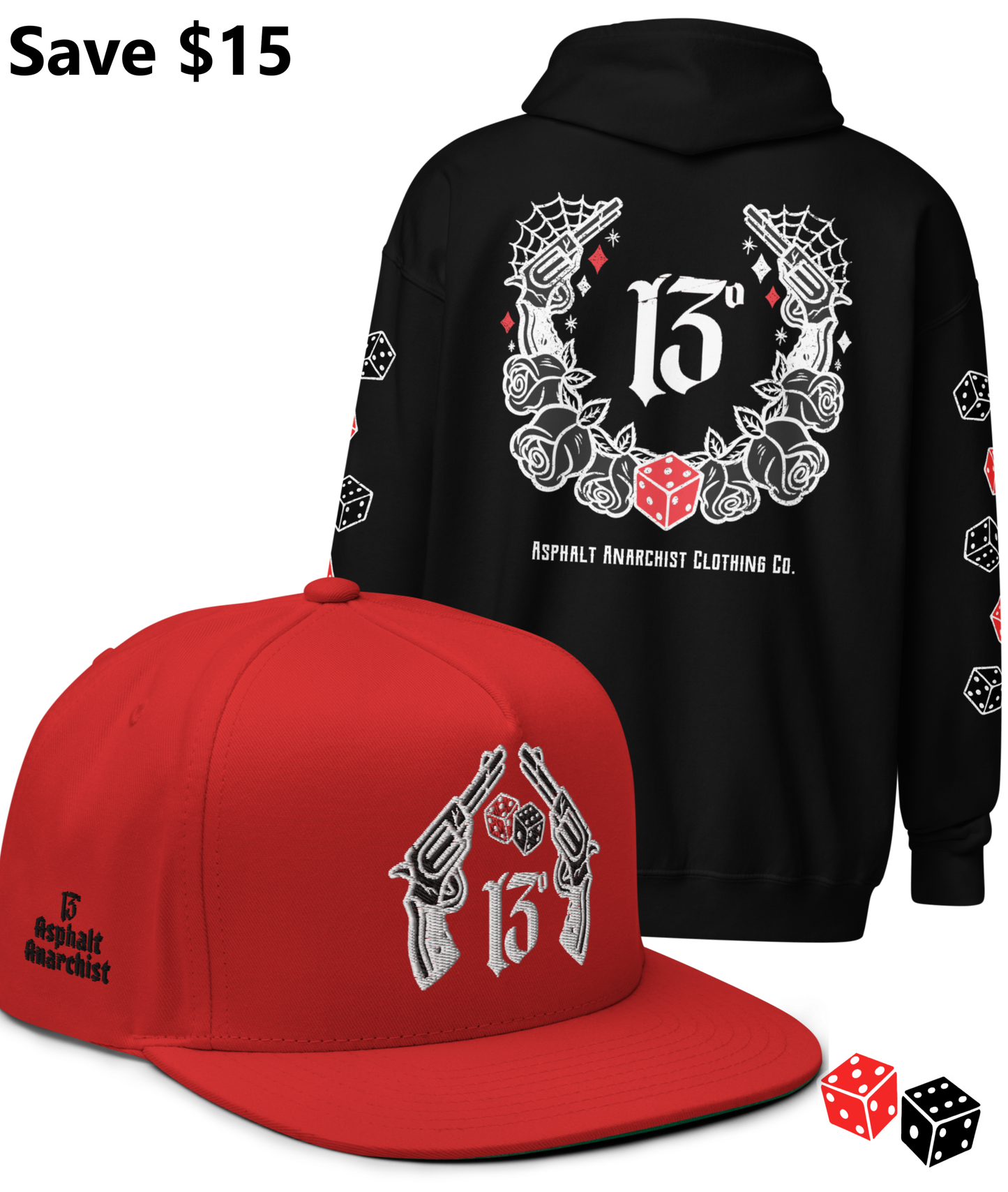 
                  
                    BIG IRON Bundle. Pistols & Dice Design. Black Heavy Zipper Hoodie & Red Embroidered Snapback Hat from Asphalt Anarchist Clothing Co. OLD SKOOL HOT ROD CLOTHING 
                  
                