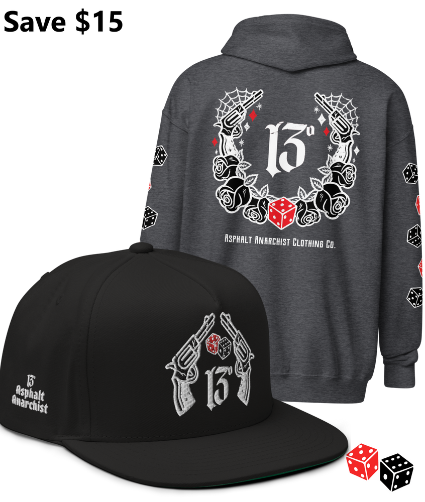 
                  
                    BIG IRON Bundle. Pistols & Dice Design. Dark Heather Gray Heavy Zipper Hoodie & Black Embroidered Snapback Hat from Asphalt Anarchist Clothing Co. OLD SKOOL HOT ROD CLOTHING 
                  
                
