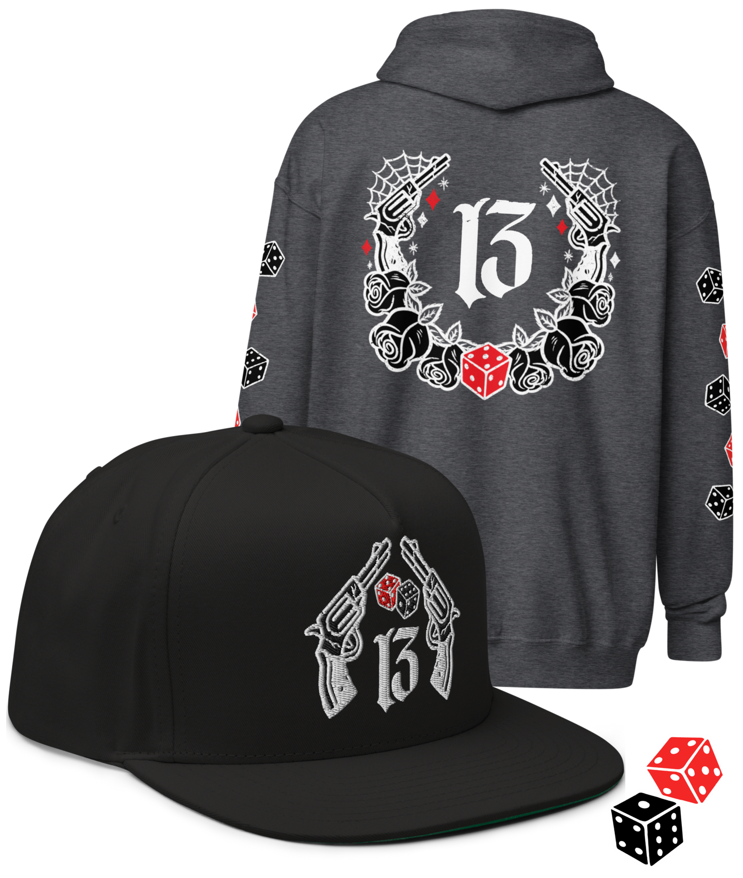 
                  
                    BIG IRON Bundle. Pistols & Dice Design. Black Heavy Zipper Hoodie & Black & Gray Embroidered Snapback Hat from Asphalt Anarchist Clothing Co. OLD SKOOL HOT ROD CLOTHING 
                  
                