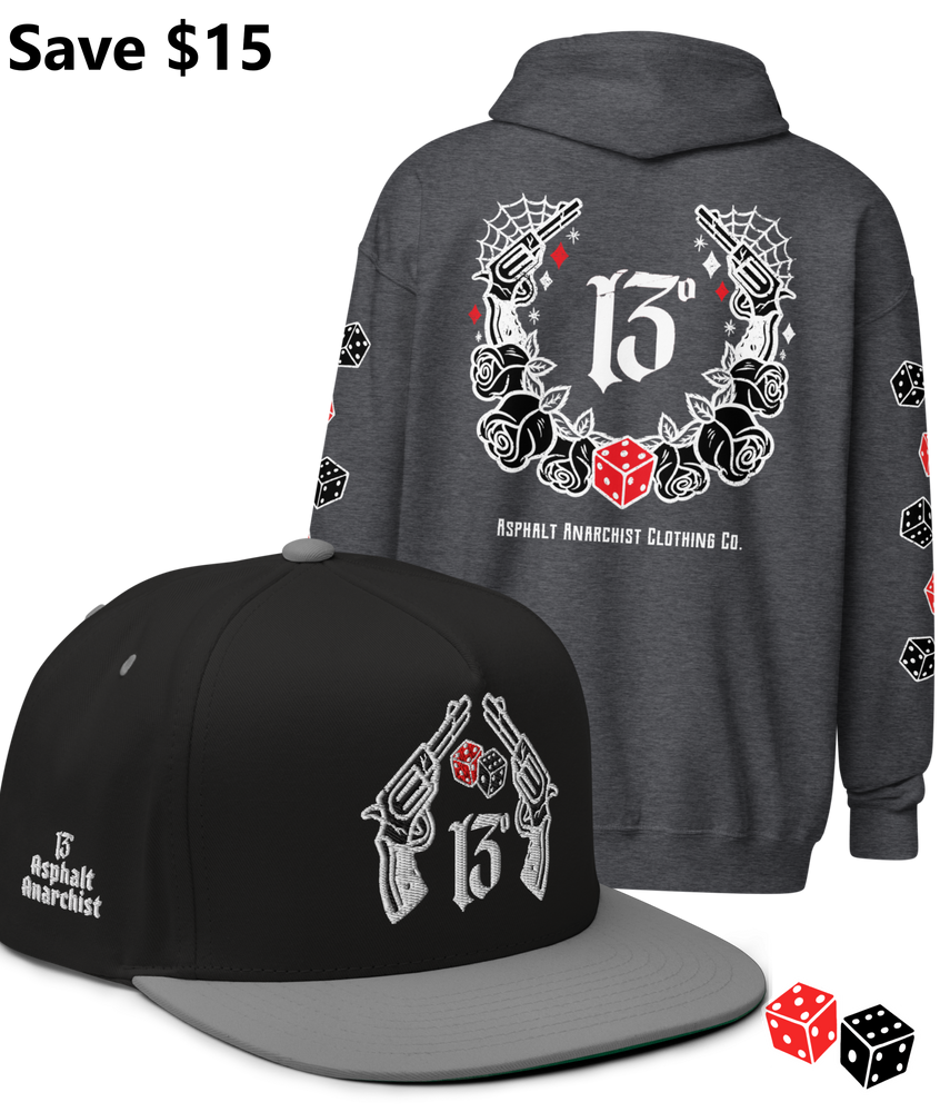 
                  
                    BIG IRON Bundle. Pistols & Dice Design. Dark Heather Gray Heavy Zipper Hoodie & Black & Gray Embroidered Snapback Hat from Asphalt Anarchist Clothing Co. OLD SKOOL HOT ROD CLOTHING 
                  
                