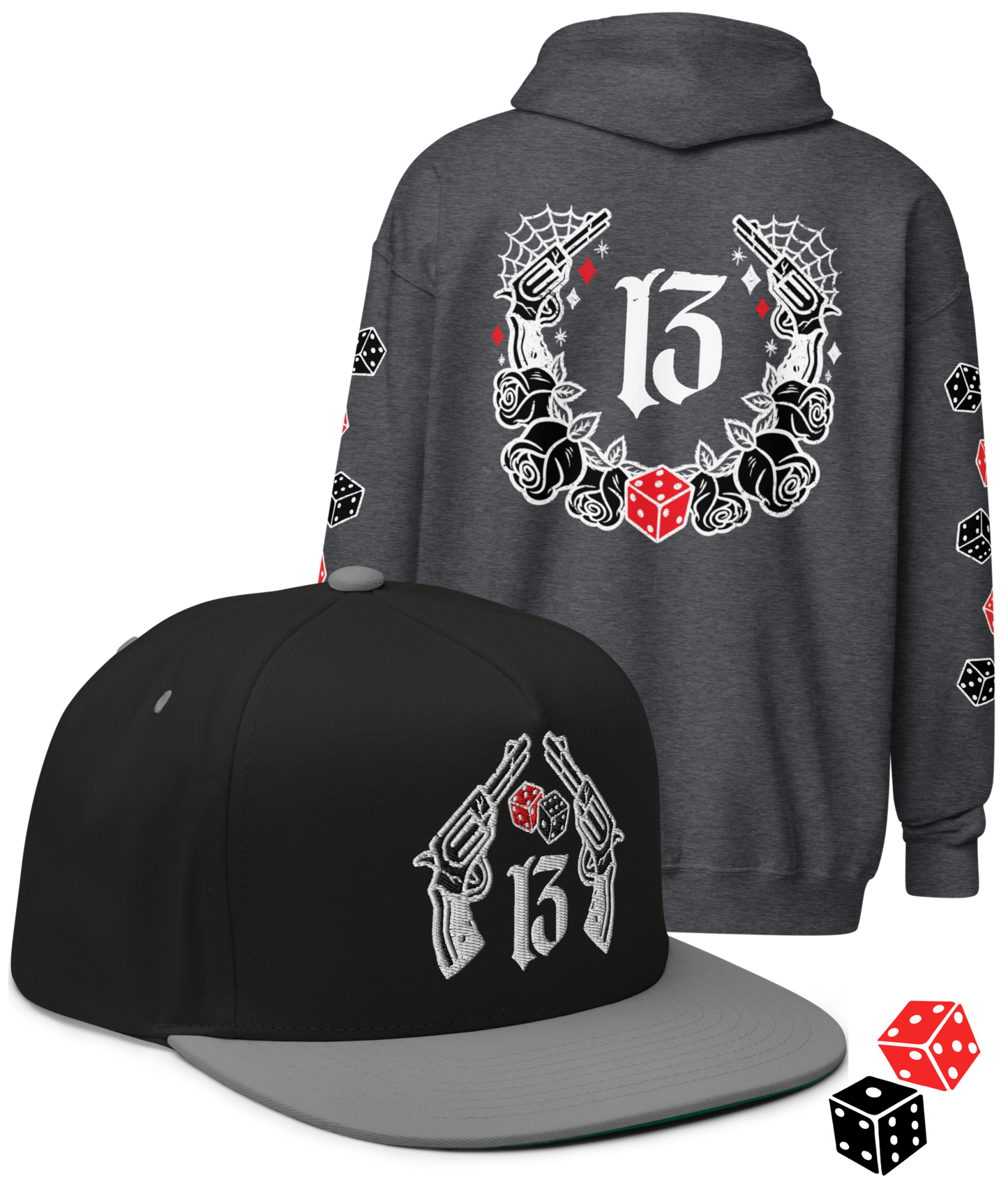 
                  
                    BIG IRON Bundle. Pistols & Dice Design. Black Heavy Zipper Hoodie & Black & Gray Embroidered Snapback Hat from Asphalt Anarchist Clothing Co. OLD SKOOL HOT ROD CLOTHING 
                  
                