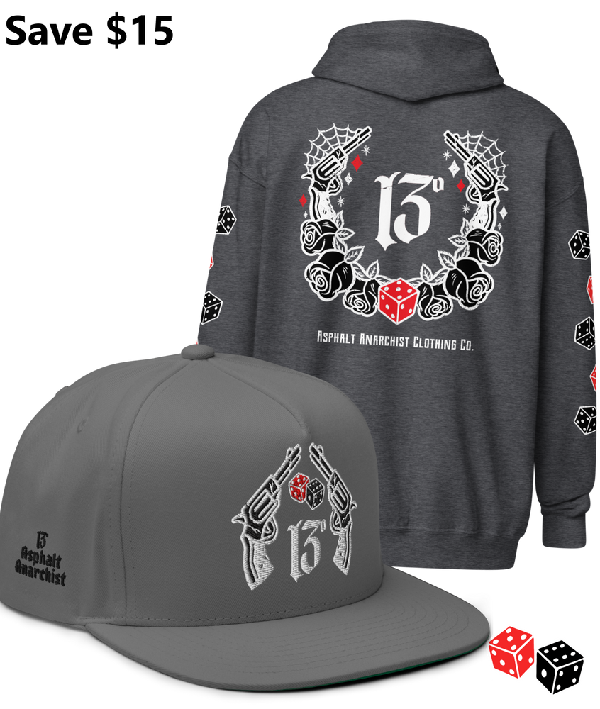 
                  
                    BIG IRON Bundle. Pistols & Dice Design. Dark Heather Gray Heavy Zipper Hoodie & Gray Embroidered Snapback Hat from Asphalt Anarchist Clothing Co. OLD SKOOL HOT ROD CLOTHING 
                  
                