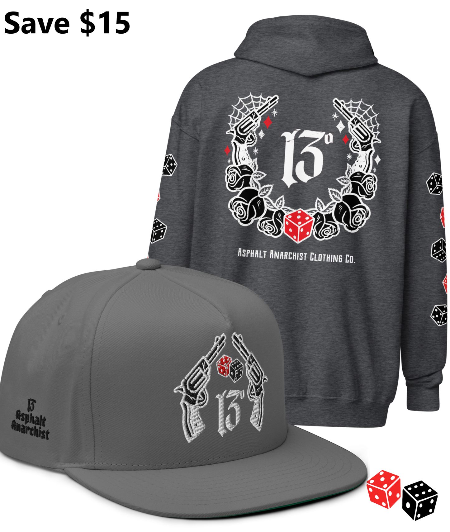 
                  
                    BIG IRON Bundle. Pistols & Dice Design. Dark Heather Gray Heavy Zipper Hoodie & Gray Embroidered Snapback Hat from Asphalt Anarchist Clothing Co. OLD SKOOL HOT ROD CLOTHING 
                  
                