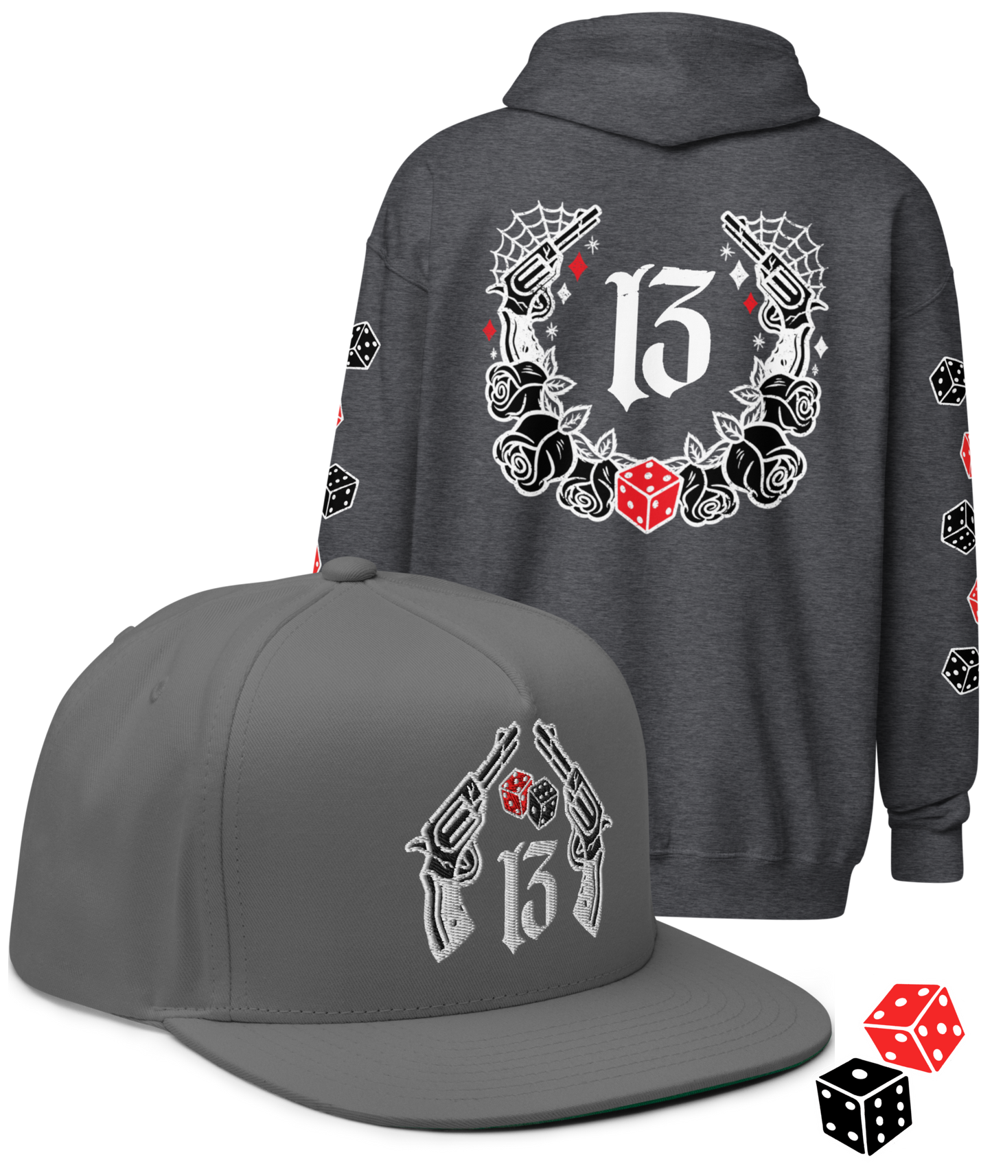 
                  
                    BIG IRON Bundle. Pistols & Dice Design. Black Heavy Zipper Hoodie & Black & Gray Embroidered Snapback Hat from Asphalt Anarchist Clothing Co. OLD SKOOL HOT ROD CLOTHING 
                  
                